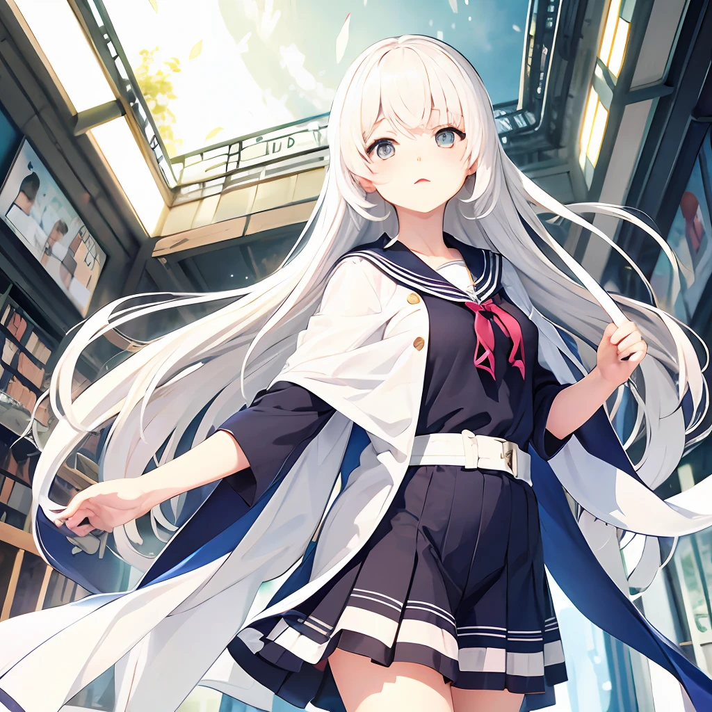 White hair，Long hair with a shawl，anime illustrated，high qulity，JK sailor suit，Two-dimensional，Novel illustration，Beth --auto