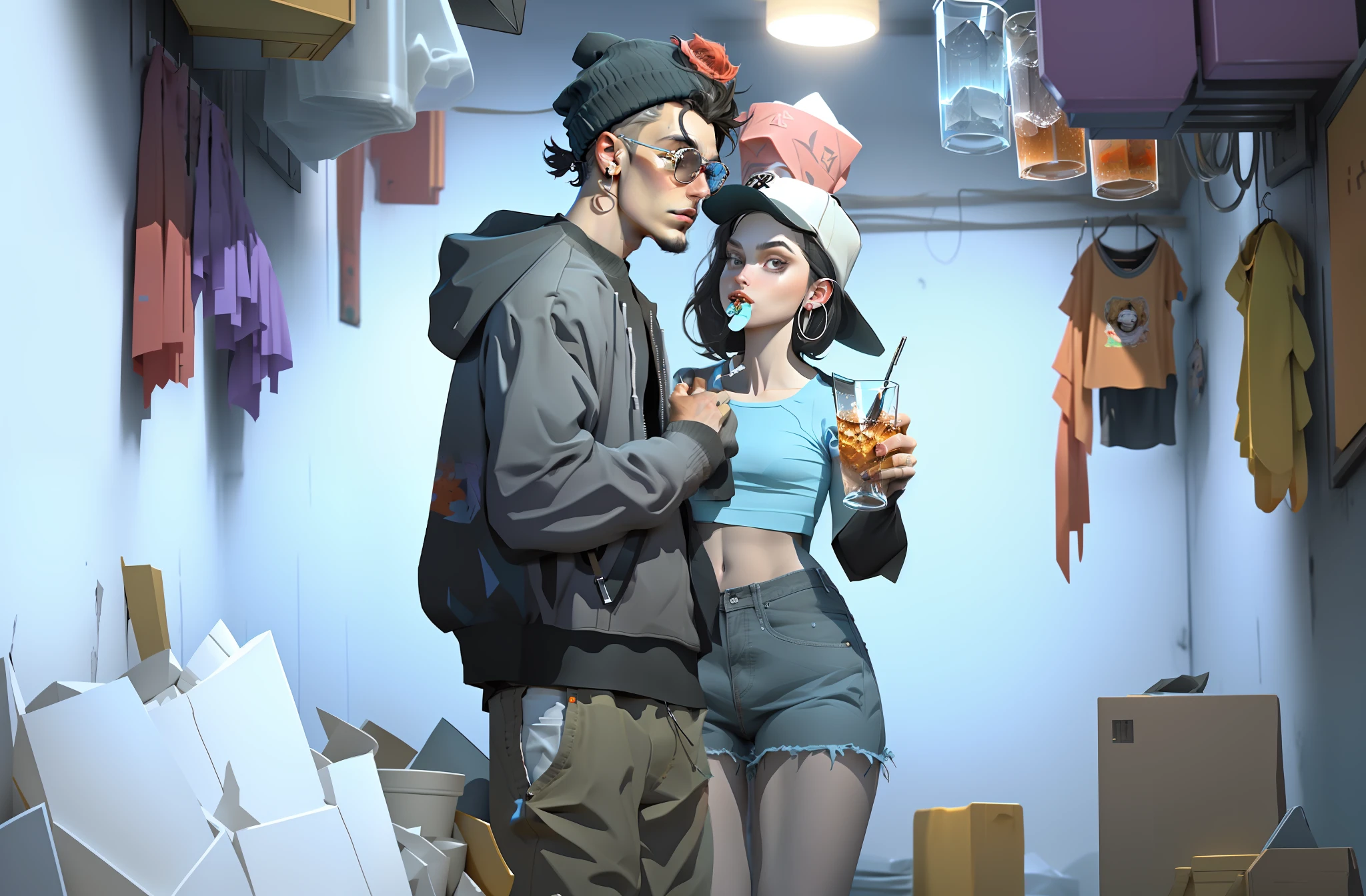 Create a 3D animation depicting three young gangsters with hip hop style. Um deles deve ter um charuto na boca, another holding a glass and the last holding money. Emphasize a party setting with dancing women