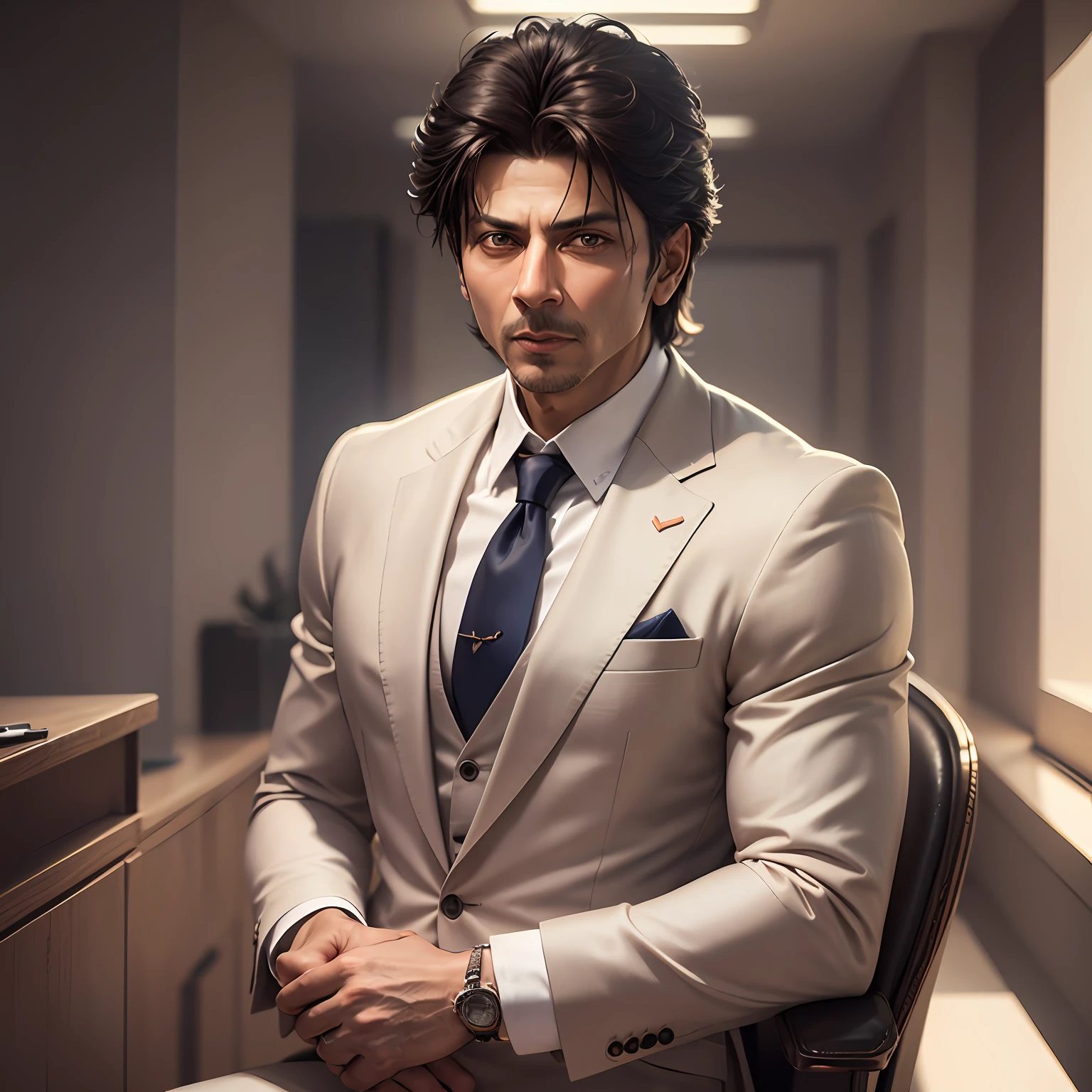 Photo of Rukh Khan, 30 years, successful appearance, brown skin, air of seriousness, wearing suit and tie, best quality, rim lighting, highly detailed skin, 8k uhd, dslr, high quality, high resolution, 4k, 8k --auto --s2