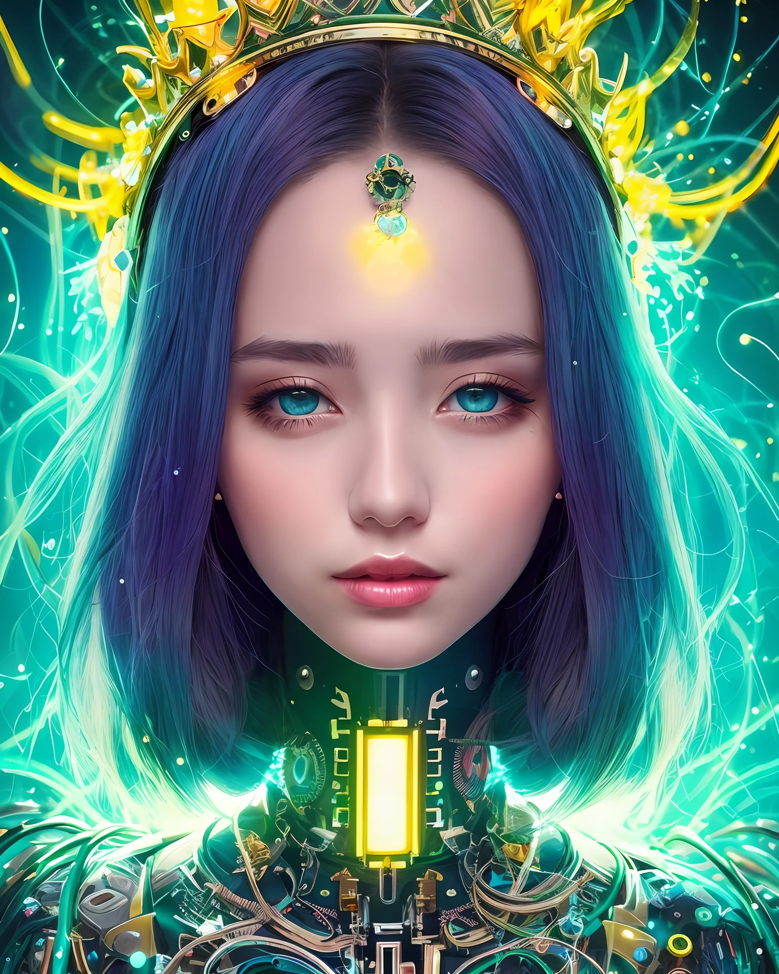 a close up of a person wearing a glowing headpiece with a crown on it, portrait of a cyborg queen, beeple and james jean, style hybrid mix of beeple, inspired by Mike Winkelmann, fractal cyborg ninja background, elaborate lights. mask on face, beeple and mike winkelmann, detailed glowing head, by Mike Winkelmann