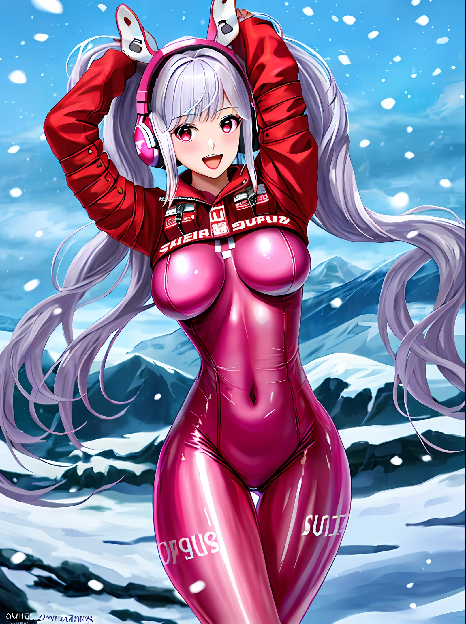 (RAW photo, best quality, masterpiece:1.2), (realistic, photo-realistic:1.4),(masterpiece:1.4),(best quality:1.4),1girl, solo, :d, animal ear headphones, animal ears, arms up, bangs, blush, ????????, ???????, bunny pose, clothes writing, covered navel, cowboy shot, cropped jacket, fake animal ears, gloves, outdoor,morning,snow, hair intakes, headphones, impossible ????????, impossible clothes, jacket, ?????????????, latex, latex ????????, long hair, long sleeves, looking at viewer, ?????????????, multicolored gloves, open mouth, pink ????????, pink eyes, red eyes, red jacket, shiny clothes, shrug \(clothing\), sidelocks, skin tight, smile, thigh gap, thighs, twintails, very long hair, white gloves, white hair,alice \(nikke\),(shiny skin),realistic,