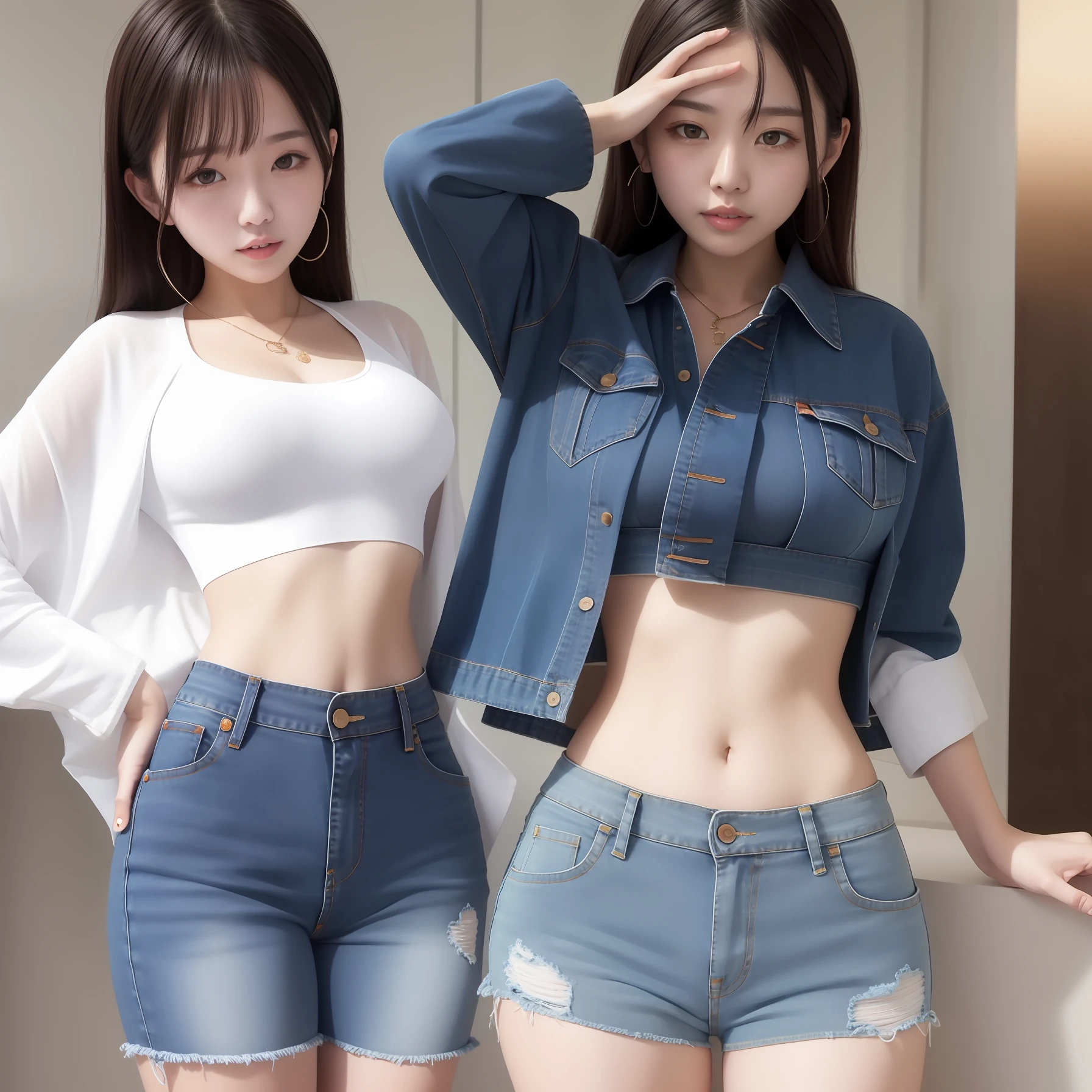 Denim super shorts,Crop topping,Chest leakage,爆乳