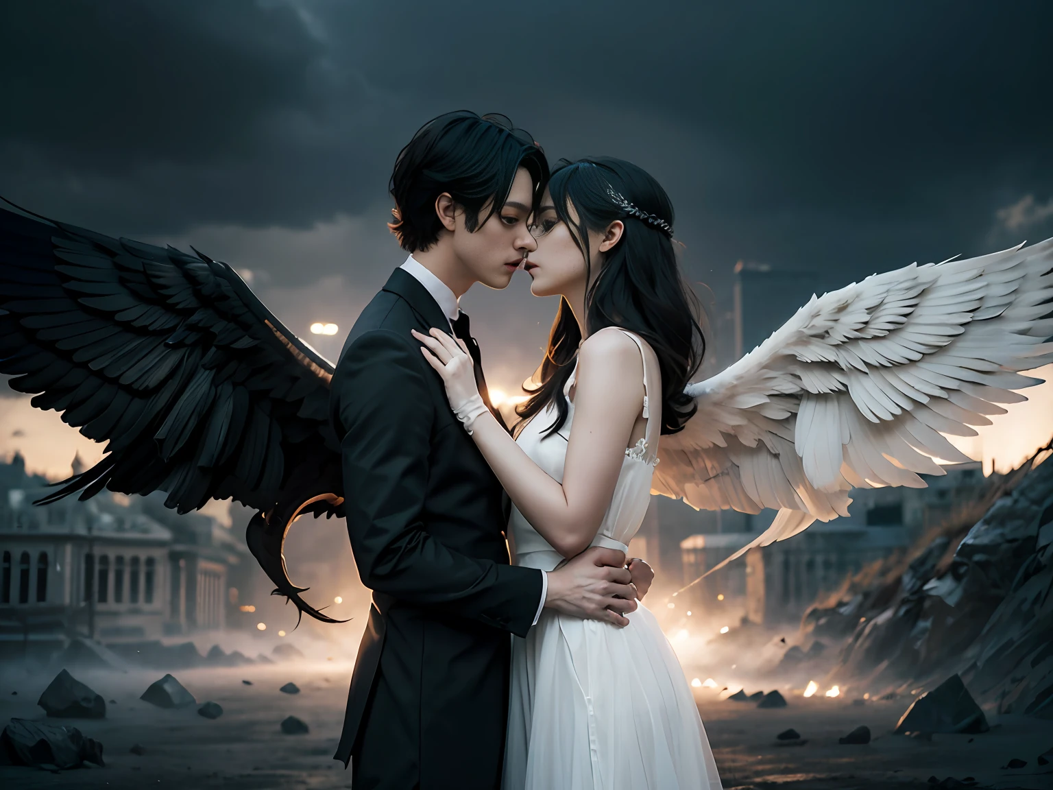 (Left_Right:1.5),full body,anatomy correct,twins,A man and a woman,(Kiss:1.5),Elaborate Eyes,Delicate face,Delicate mouth,ssmile,Heterochromia,WHITE DRESS BREAK BLACK DRESS,GRAY HAIR BREAK BLACK HAIR,WHITE WINGS BREAK BLACK WINGS, glowing light eyes,best qarity,detailed detail,Cinematic lighting effects,4K,depth of fields,Gloomy contrast,
