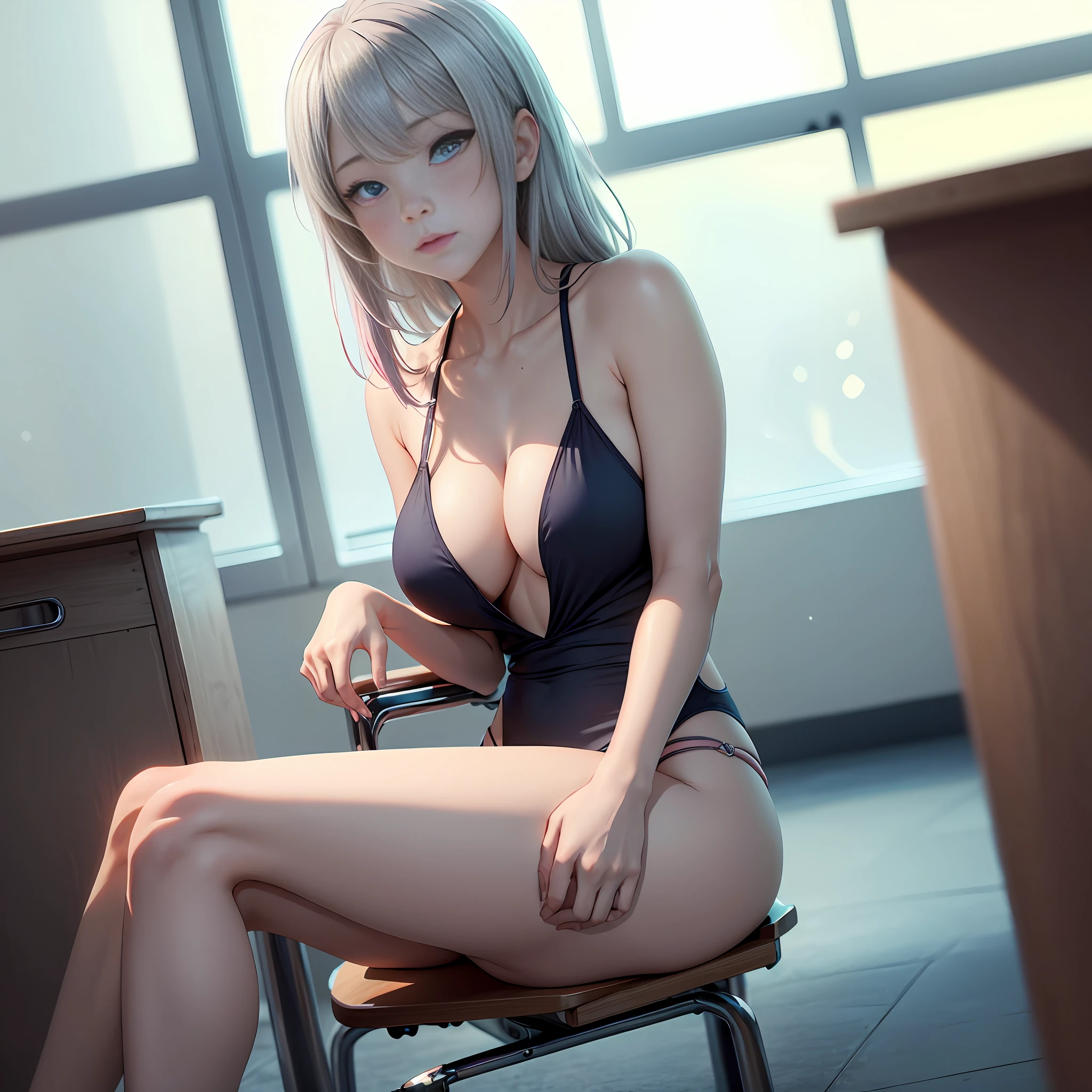 Anime style,best qarity,超高分辨率,tmasterpiece,1girll,Silver,Blue eyes,Pink one-piece high-slit swimsuit,Blush,shylily,In an unoccupied classroom,Sit in a chair with your knees bent and your legs spread,Frontal photo,full bodyesbian,Anatomically correct,Light Tracking,protrude,Faintly prominently prominent