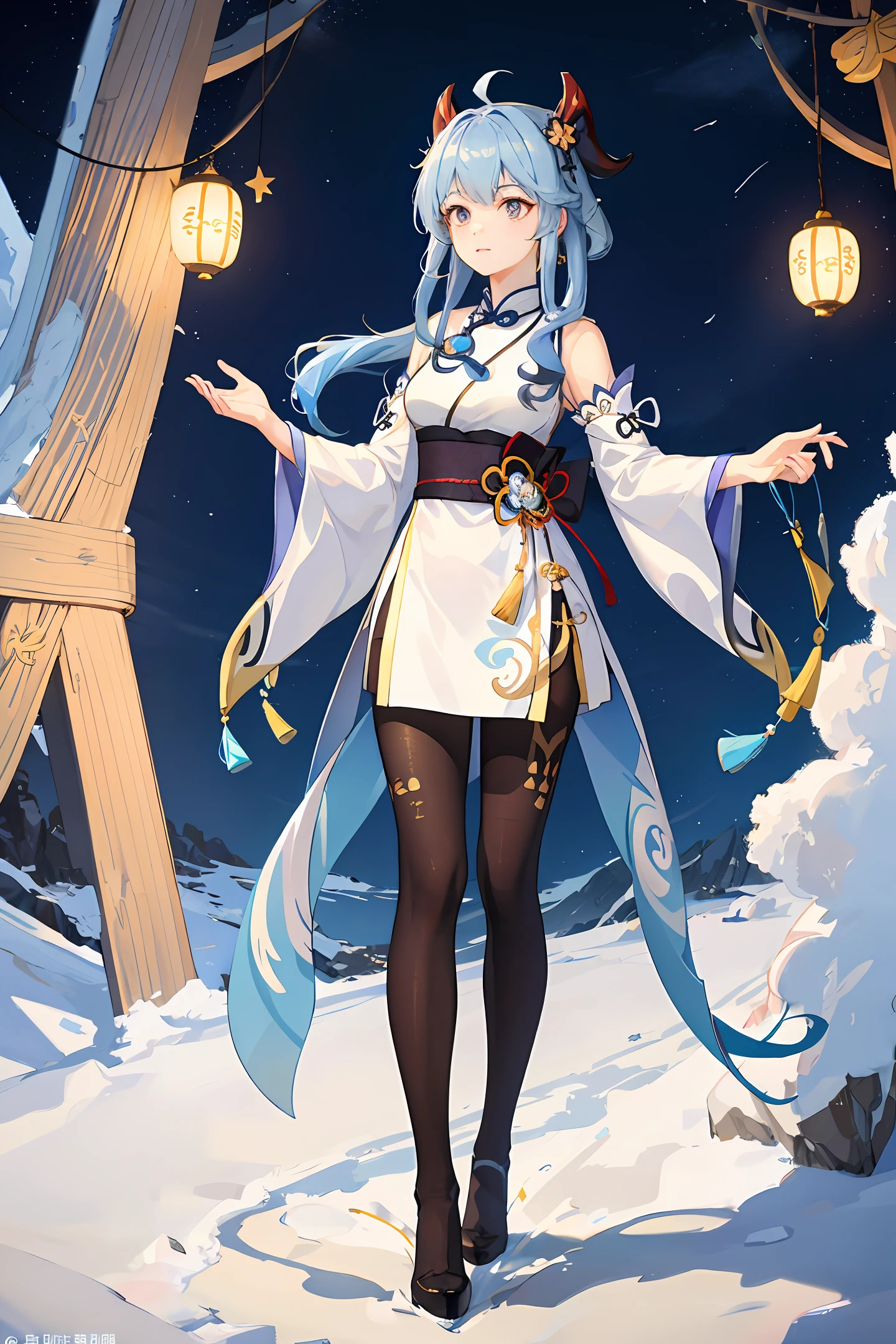 Genshin Ganyu High quality 4K image quality Blue hair Kirin Corner Sea Moon viewing cheongsam Tights Black silk Glass lily Side Looking into the distance Lights