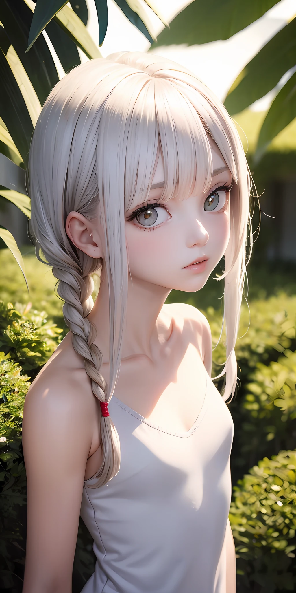 Excellent, masterpiece, white hair, golden eyes, white clothes, looking up, upper body, hair, fair skin, side braids, nudity