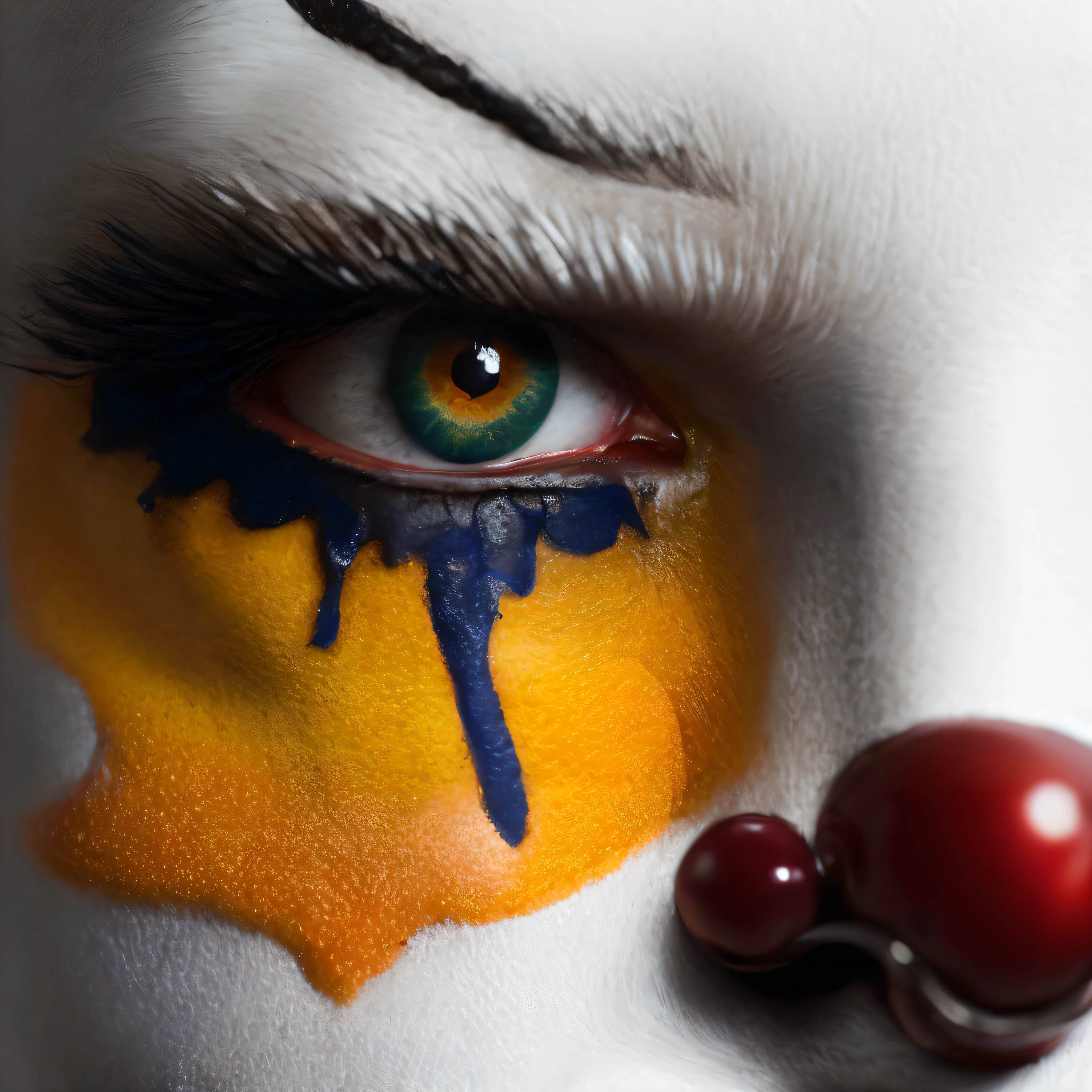 Haunting Eyes A close-up image of an evil clown's eyes, filled with a sinister glint, emphasizing their piercing gaze and the unsettling nature of the character, Ultra realism, color field printing, high detail, UHD, 8k, anatomically correct, cinematic lighting 4d quality --auto