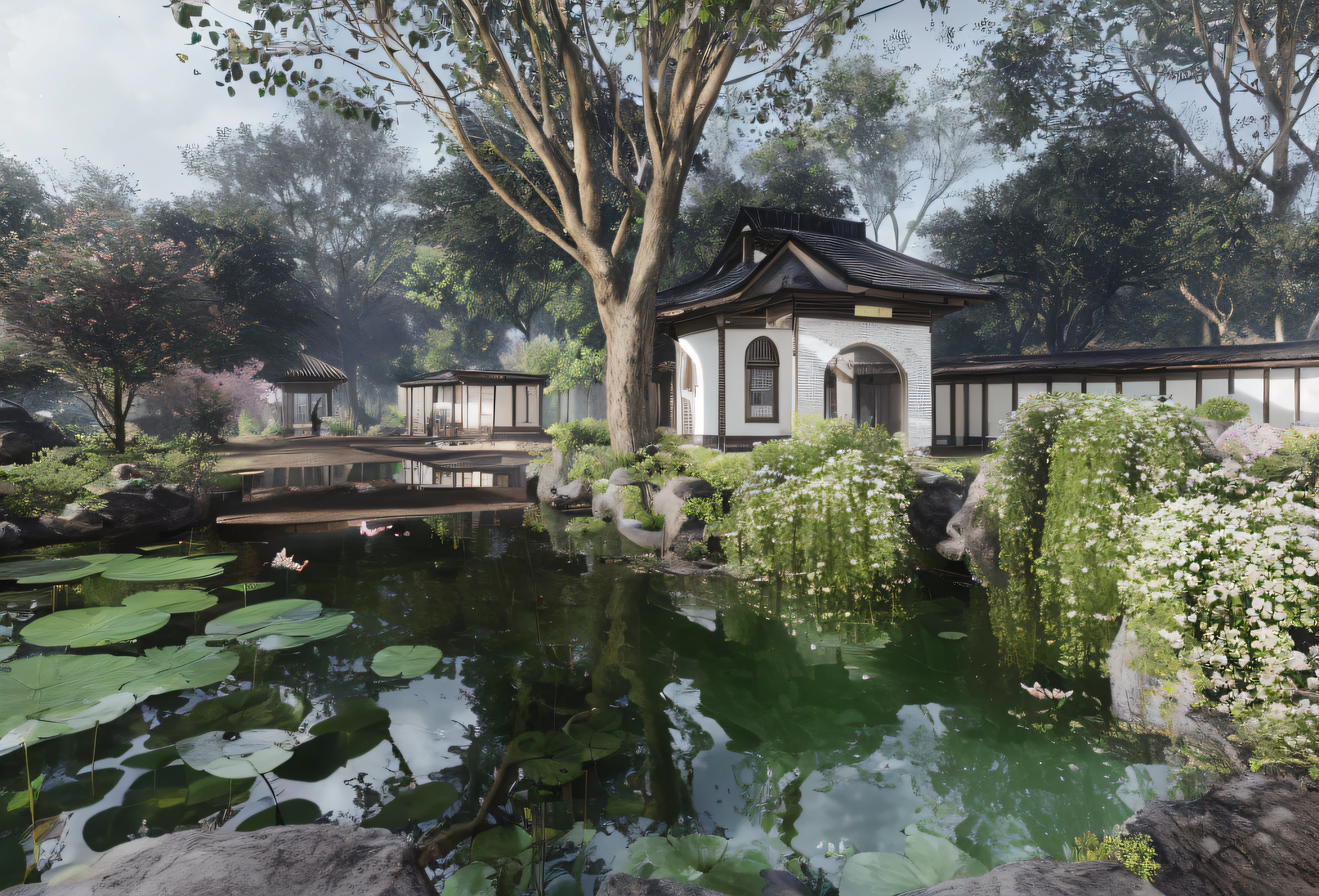 (A tranquil,Peaceful,Small pond+bru,highly detailed buildings),(CryEngine renders 8K,Unreal 6,Crying machine rendering 8K),(hyper realisitc,The details are breathtaking,The ultra -The high-definition)