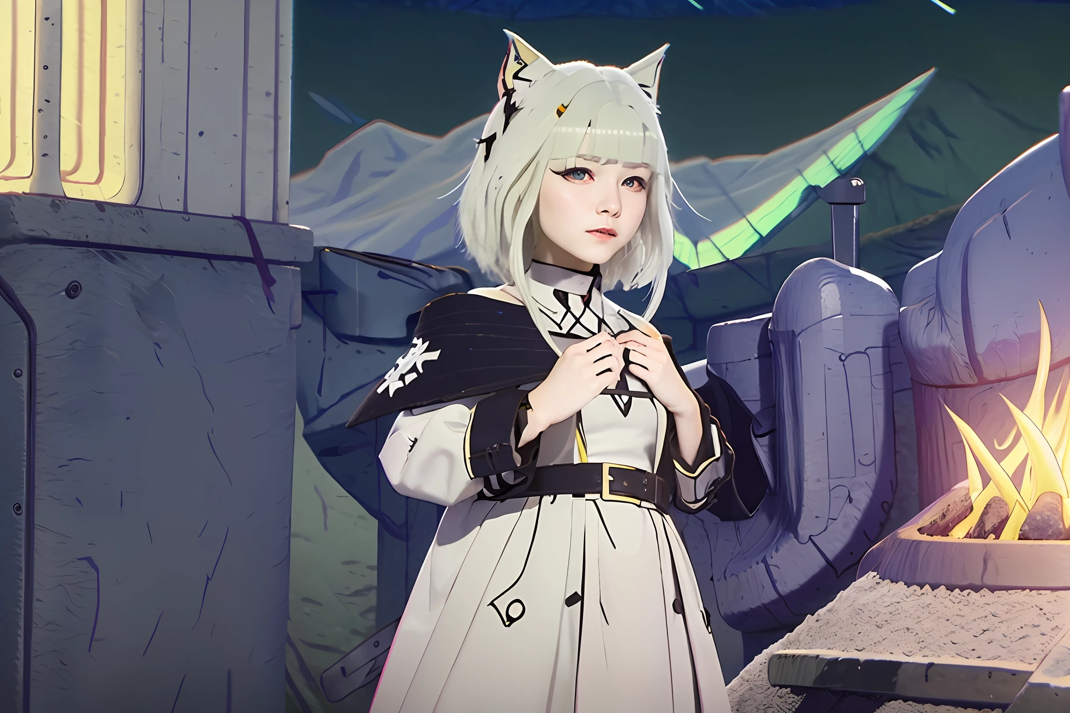 Kizi,Elf ears,infancy,exquisite facial features,Dreamy forest,Red hooded cloak,Beautiful costume details,Shooting stars cross the night sky,bonfires,snow landscape,solo person
