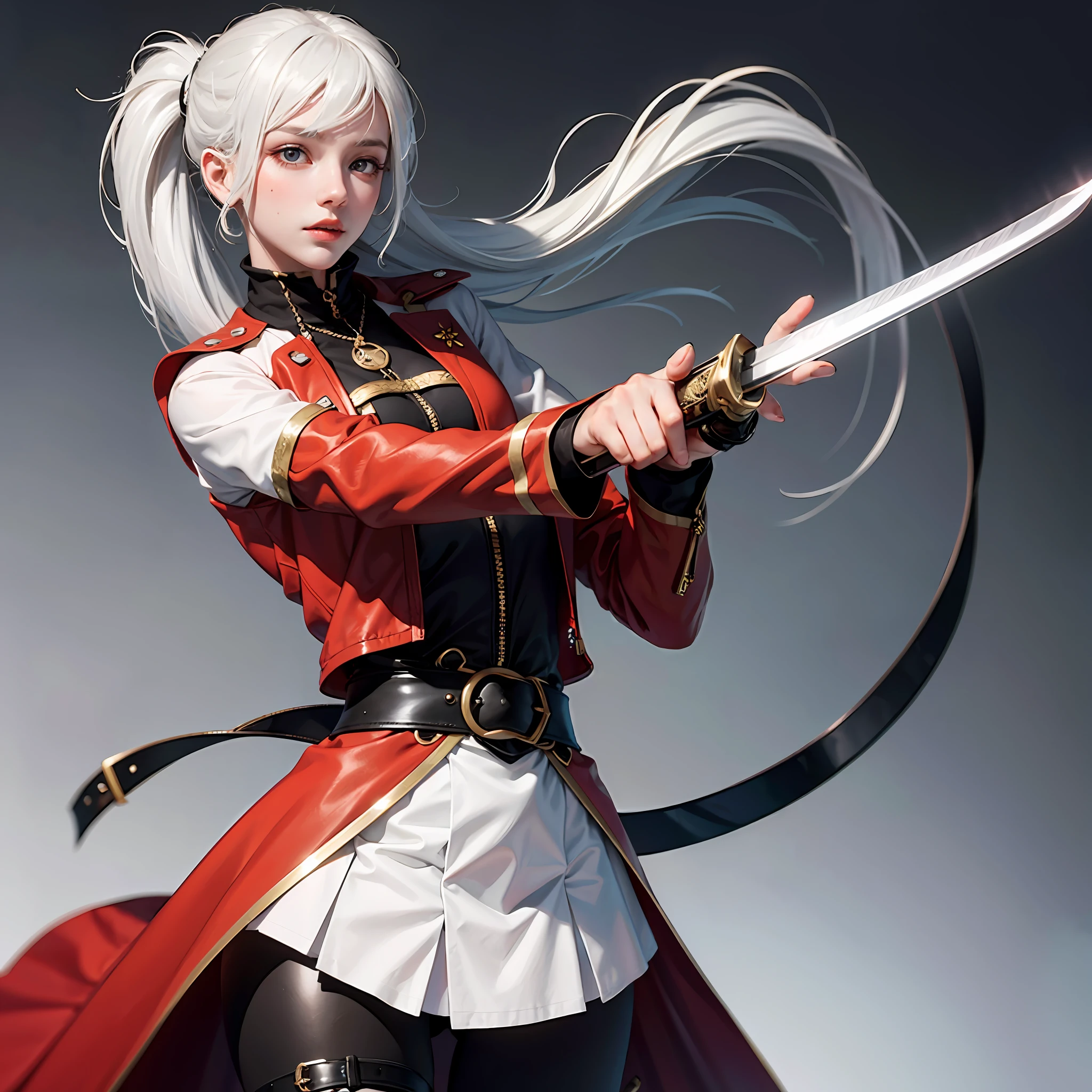 Double ponytail, White hair, different pupil, sword in left hand, gun in right hand --auto
