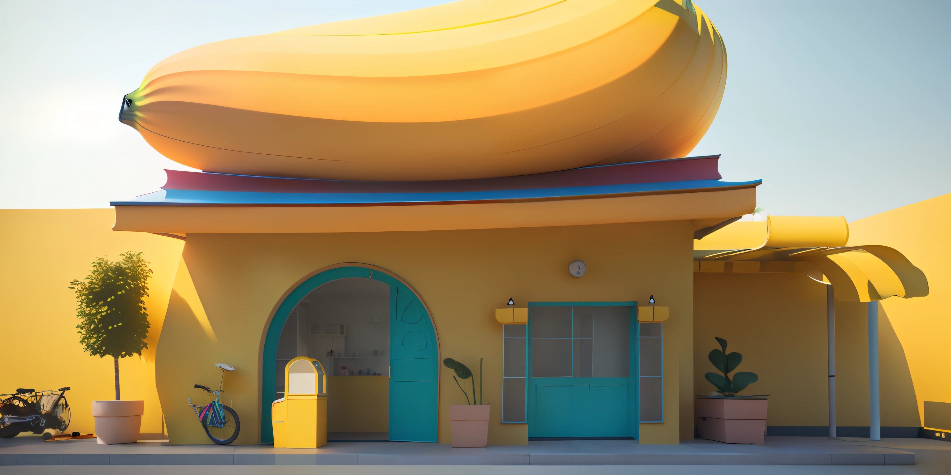 there is a banana sitting on top of a building next to a bike, banana color, kawaii hq render, stylized as a 3d render, rendered in cinema 4 d, Rendered in Cinema4D, yellow awning, Bananas, stylized 3d render, designed in blender, in style of 3d render, clemens ascher, in a candy land style house