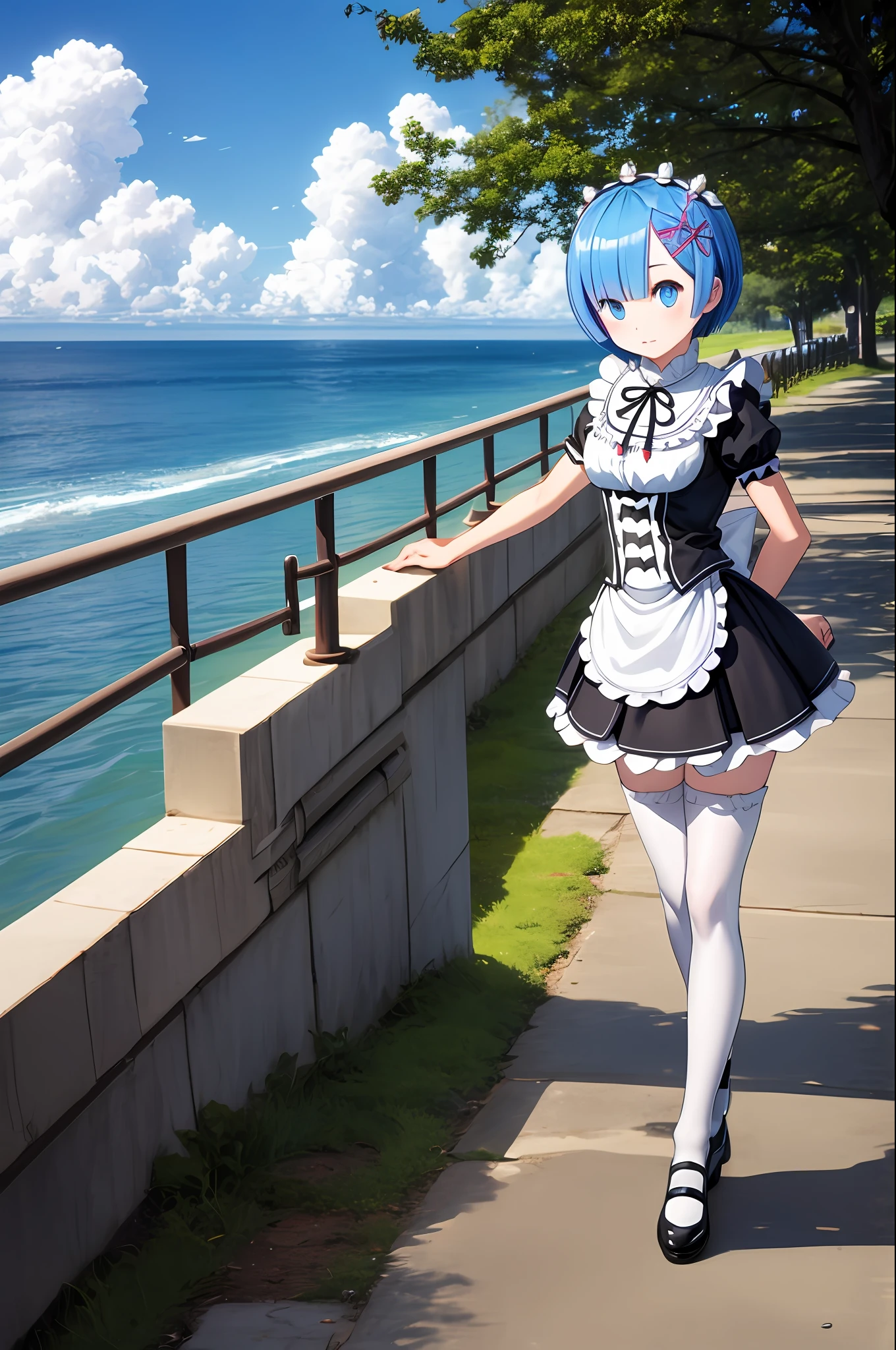 （tmasterpiece：1.6，best qarity），（Fine beautiful eyes：1.2），ph_REM，Remhd，1girll，Blue hair，独奏，blue eyess，x hair accessories，legs ornaments，Bow knot，Long thick socks，lacepantyhose，****ta heels，****ta shoes，Rossvale Mansion maid uniform，full bodyesbian，Photo art，maidennurse，Skysky，the ocean，sunlights，the trees，wave，