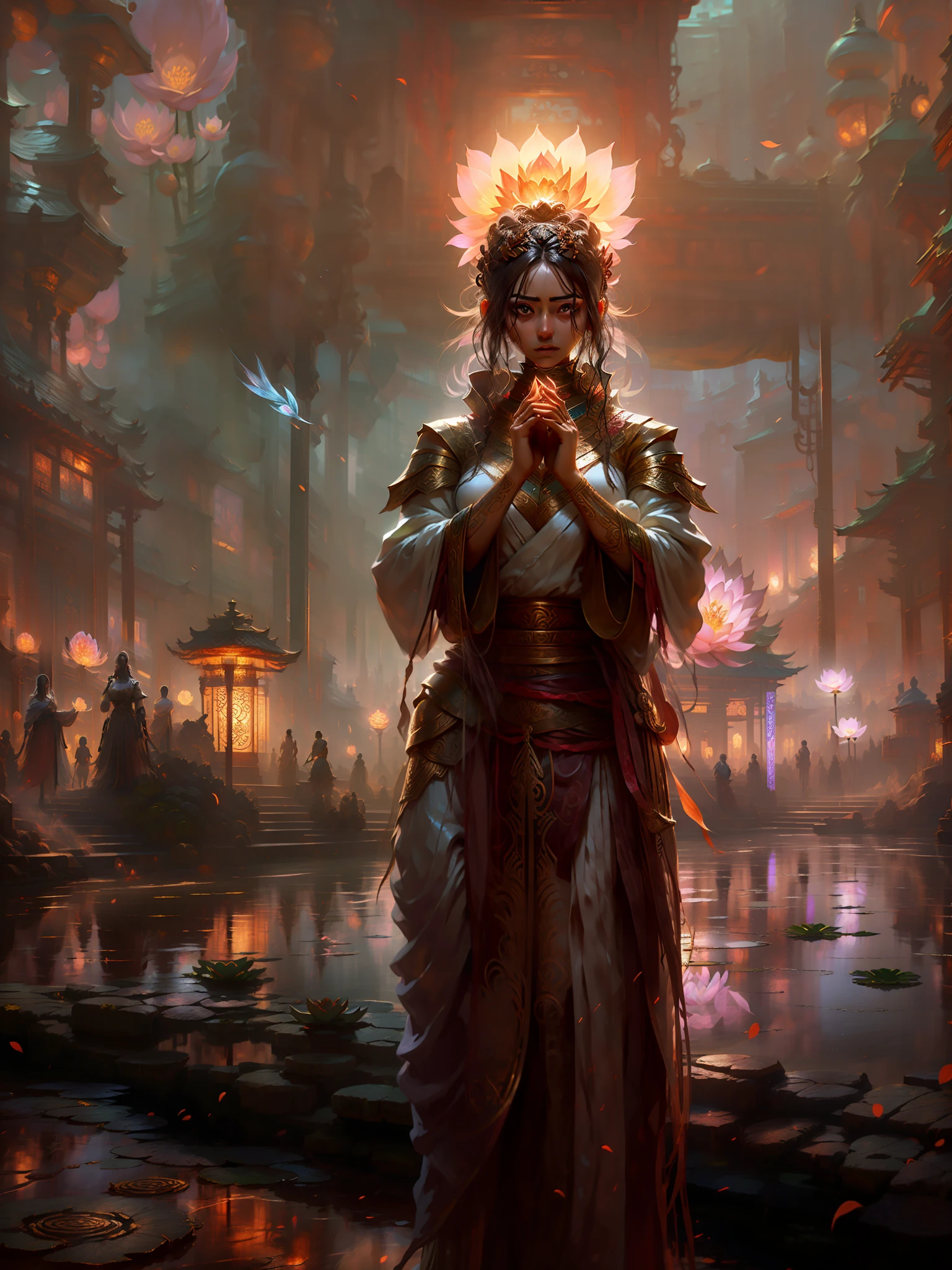 ancient clothes,had his hands folded,eye closeds,Young oriental woman,Medium chest,Long hair with a bun,Wearing a glowing lotus flower decoration on the head,Fairy air fluttering