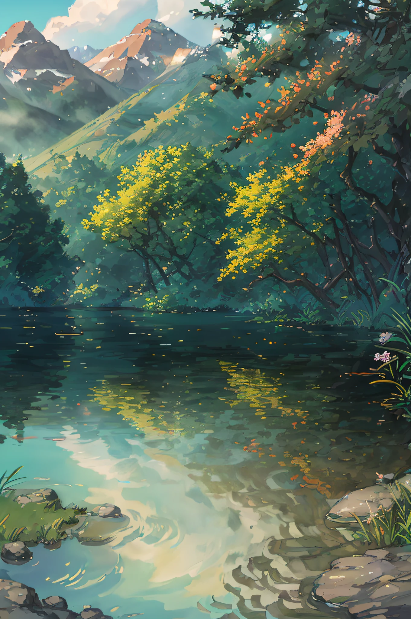 Chinese ancient times, spring, jungle, lake, cave, waterfall, tree, meadow, rock, deer, hot spring, water vapor, (illustration: 1.0), epic composition, realistic lighting, HD details, masterpiece, best quality, (very detailed CG unified 8k wallpaper)