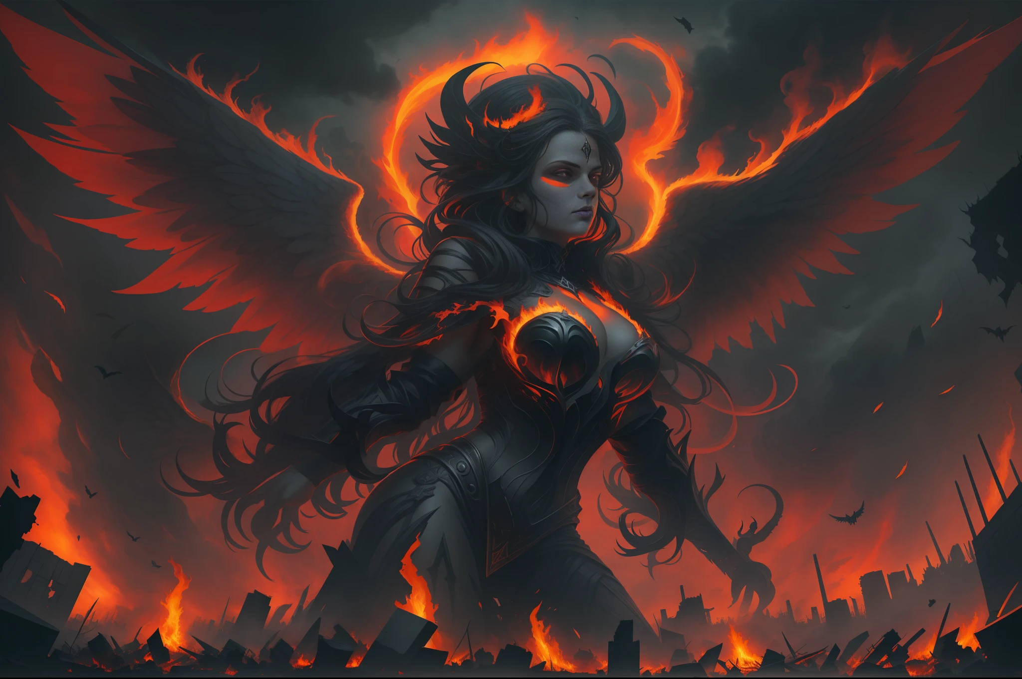 A red evil fallen gothic angel woman, exuding a seductive aura, stands proudly amidst the flaming ruins of an apocalyptic city. Her massive wings spread wide, casting a haunting shadow against the backdrop of chaos and destruction.

The artistic style embraces the dark and seductive nature of the gothic aesthetic. Taking inspiration from visionaries such as H.R. Giger and Salvador Dalí, the imagery blends elements of gothic culture and religious iconography. This fallen angel embodies the sinister side of divine beauty, defying norms and emanating a mesmerizing allure.

Dim, mysterious lighting envelops the scene, casting eerie shadows and highlighting the contours of the figure and the engulfing flames. This dimly lit atmosphere contributes to the overall sense of foreboding and enigma that permeates the city.

Deep hues of black, intense purple, and fiery red dominate the color palette, intensifying the sensuality and darkness of the image. Each shade is masterfully combined to accentuate the most intriguing and disturbing aspects of the figure.

The composition is achieved using a high-resolution camera, equipped with a wide-angle lens, capturing the magnificence of the wings and the devastation of the surroundings. The low-angle perspective adds to the imposing presence of the figure and the engulfed city, creating a dramatic contrast and a palpable sense of chaos that unfolds before the viewer's eyes.