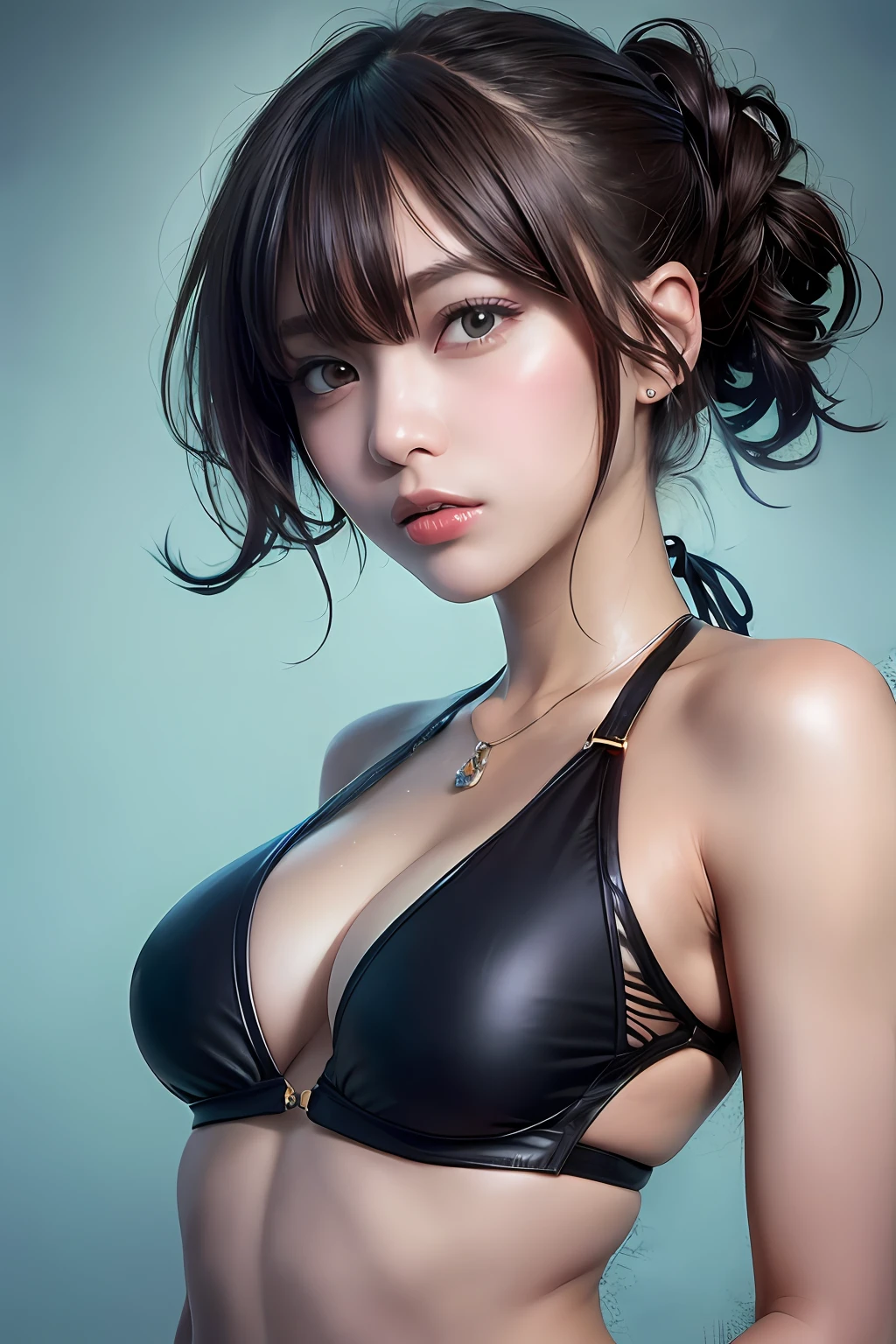 high resolution, extremely detailed photography, 8k full color, upper body, (a girl), detailed medium breasts, cleavage, beautiful detailed face and eyes, dynamic hairstyle, (wearing dynamic bikini:1.5), professional lighting, best quality