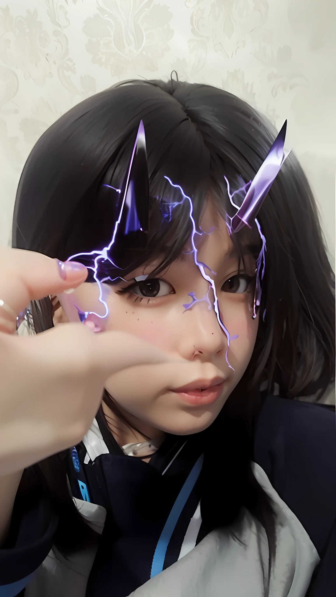 There was a woman holding a purple hair piece，Lightning bolts came out of it, with lightning, lightning eyes, with lightning bolts, splashes of lightning behind her, japanese lightning goddess, she is attracting lightnings, Lightning effects, Anime lighting, god ray across her face, Anime style mixed with Fujifilm, realistic cosplay, Anime girl in real life, Lightning!!, anime vibes