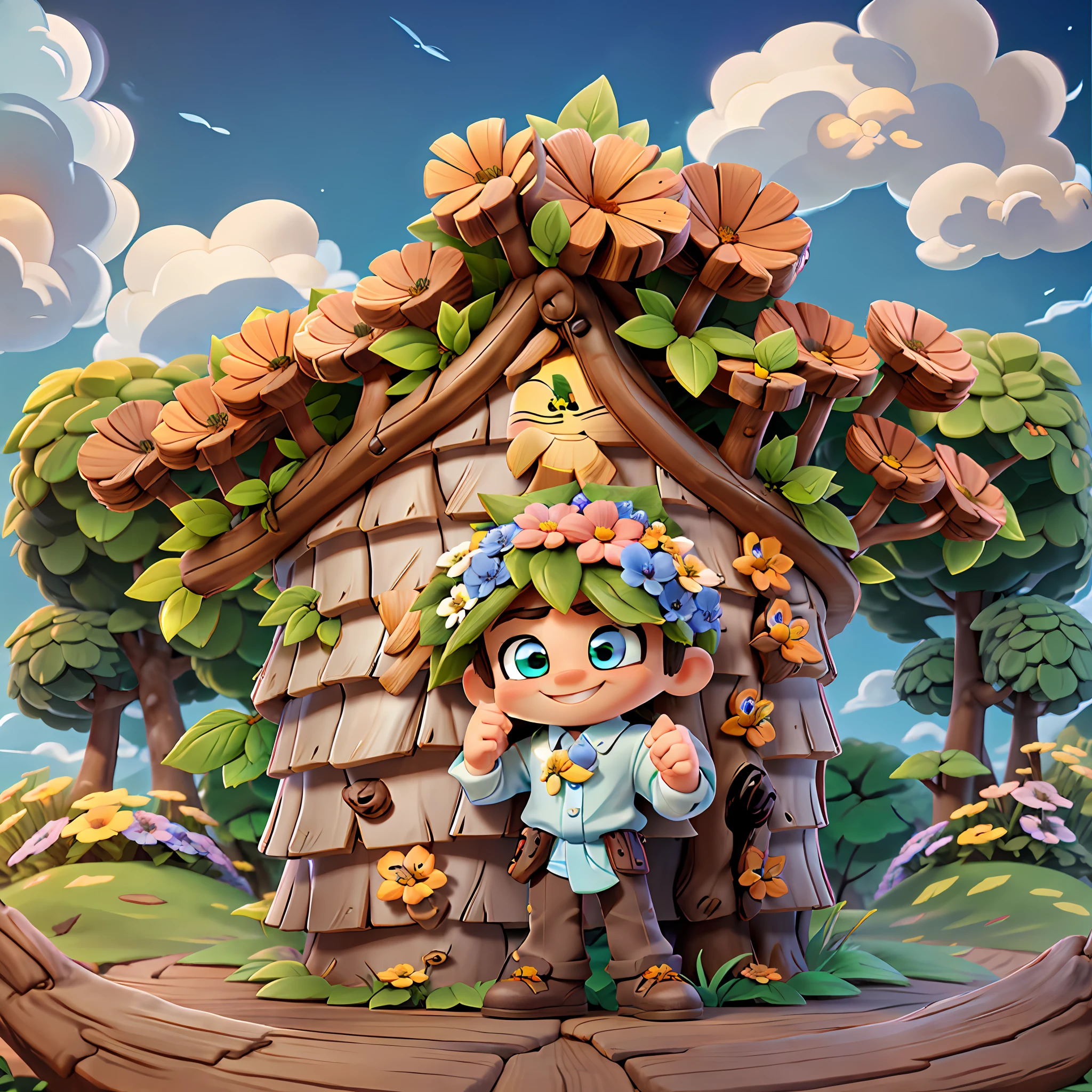 a male chibi standing in front a wooden log treehouse surrounded  by luscious greenery and flowers, facing away from camera, looking up to a bright beautiful sky, with fluffy white clouds, accurate big round eyes, smiling and happy