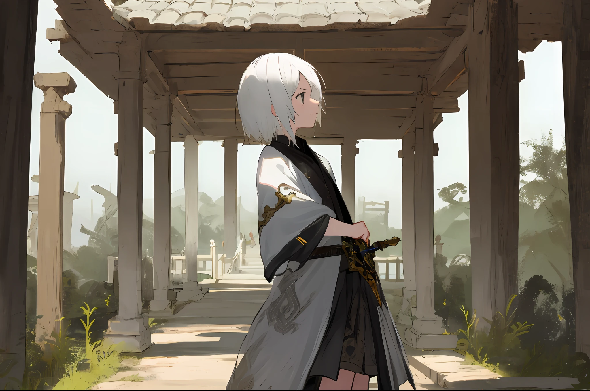 girl, Tomboyish, White hair, Ancient style, One-handed sword, Short hair, pavilion and jade