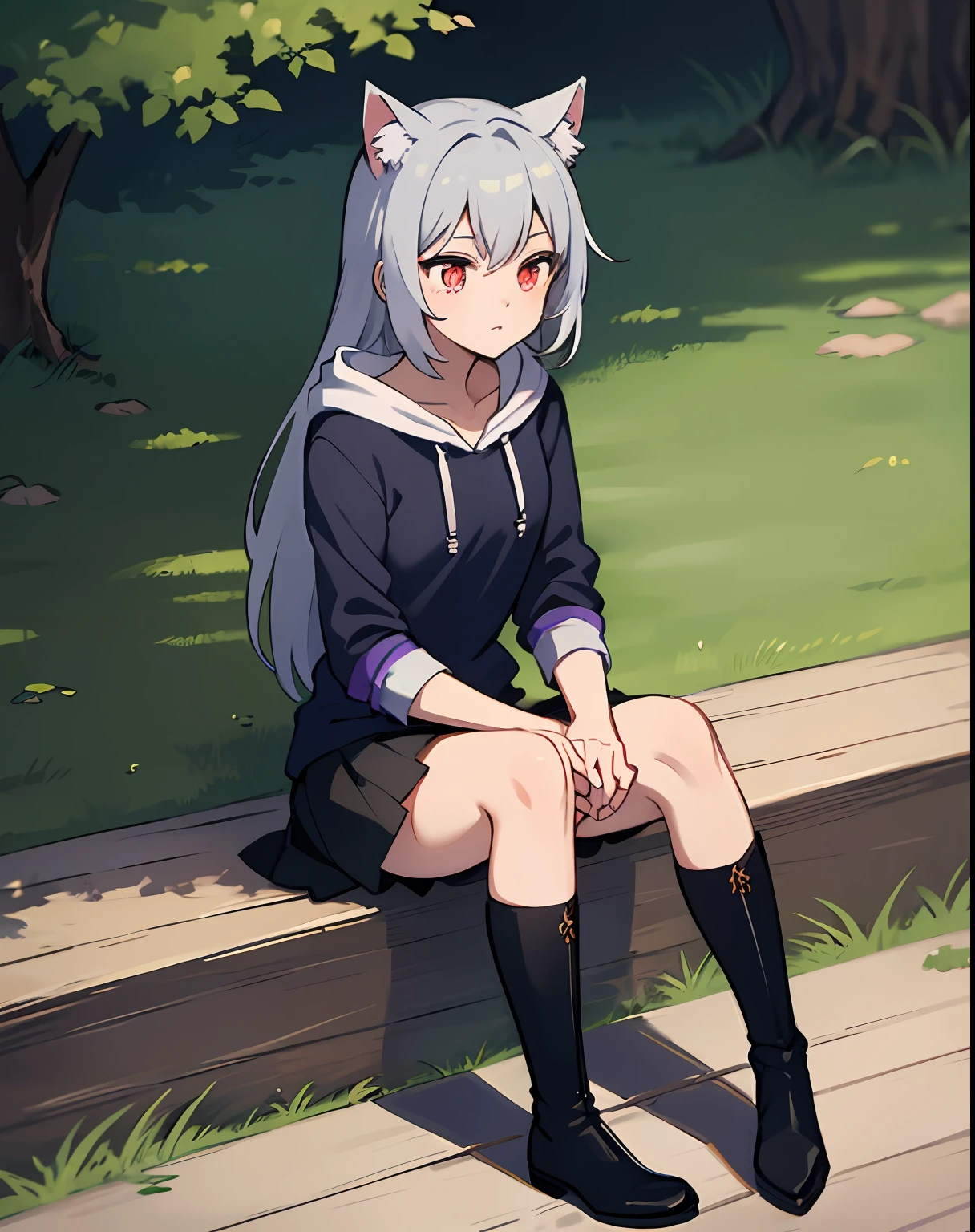 A beautyful girl，Height 154 cm，He has long gray hair，Wearing cat ear decoration，Wearing a triangular hairpin，Has light red eyes，Wearing a black and purple hoodie，Wearing a short black skirt，Wear black calf socks，Wearing small black leather boots，Poor milk，Sit on the wooden steps，The sun shines