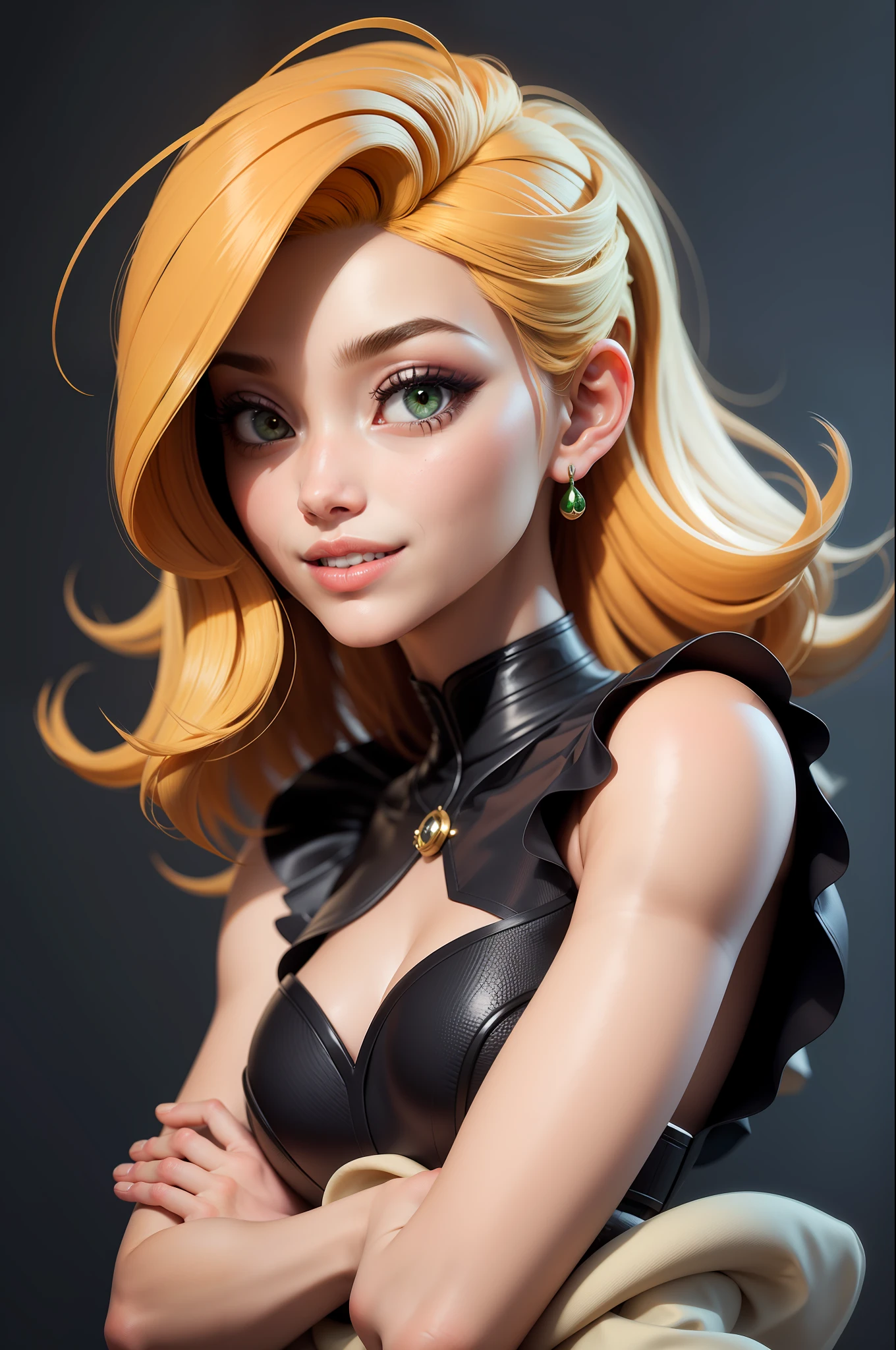 master part, best quality, Rendering job ..3d, Estilo ..3dMM, ..3d, 1Menina, sozinho, cabelos amarelos, Sardas, jewelries, Olhando para os lados, Realistic, Comprimento total, fundo simples claro, franja amarela, Desviando o olhar, cabelos longos, separated-lips, olhos verdes, Gargantilha, maquiagem, roupa rosa sorrindo, Dentes bonitos, sapatos amarelos