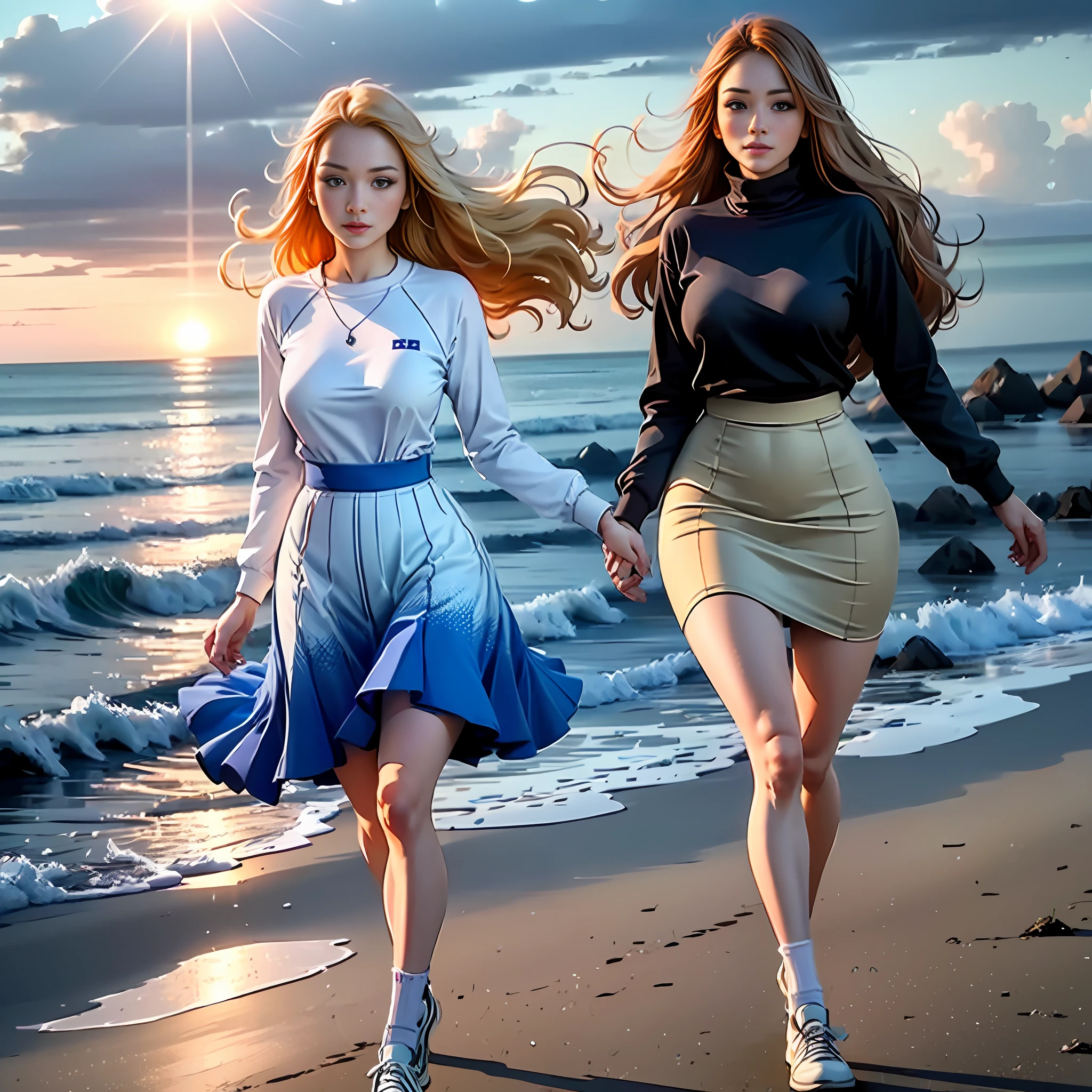 She was a young girl, about ,He has this long pale yellow hair and big blonde eyes,She has an innocent and cute face,A bit of serenity and cuteness,It feels familiar and close,Height is about 170 cm,There are these good body proportions,, She wore a white dress,Blue gradient,The skirt did not cover the knees,She wears white board shoes and socks,The top is a light blue light sweatshirt with grid stripes,The clothes did not cover her figure,On the coast where the sun is not strong in the early morning,The wind gently blew her skirt and hair,She was walking on the shore,with smile。