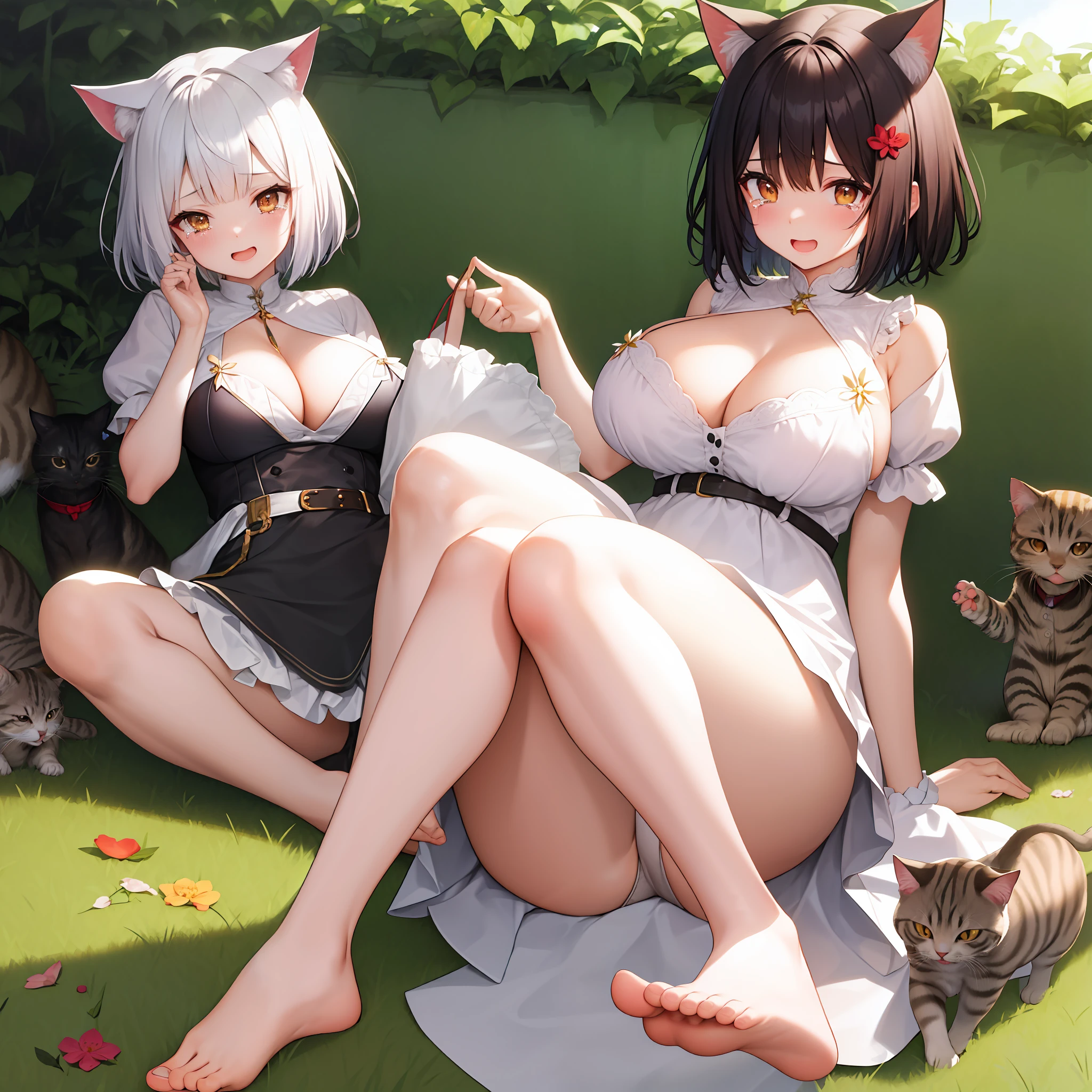 (Best quality at best),(enormously detailed),(tmasterpiece),(ultra detali),(absurderes),(((artbook))),((8k_wallpaper)),Large butts,bare thighs,gigantic cleavage breasts,bare footed,1girl,独奏、Animal ears、catss、bare footed、cat ear、shortsleeves、grassy fields、bob-cut hair、ssmile、whaite hair、puff sleeves、White dress、maidennurse、sunlights、brown eyes、Mottled sunlight、petite、exteriors、Bubble short sleeves、By bangs, full bodyesbian, well up with tears, weeping, catss