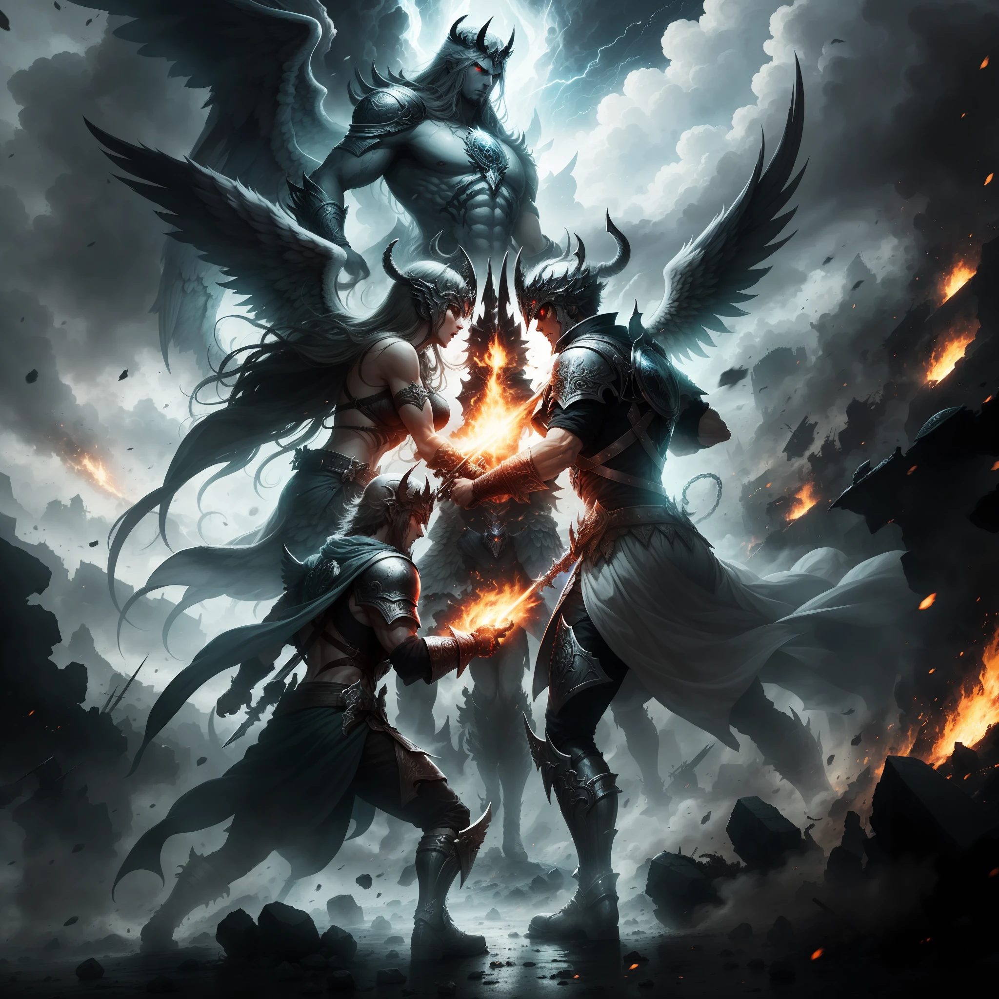 The earth shakes as angels and demons battle it out amid an epic battlefield. Espadas e asas colidem em um confronto furioso --auto