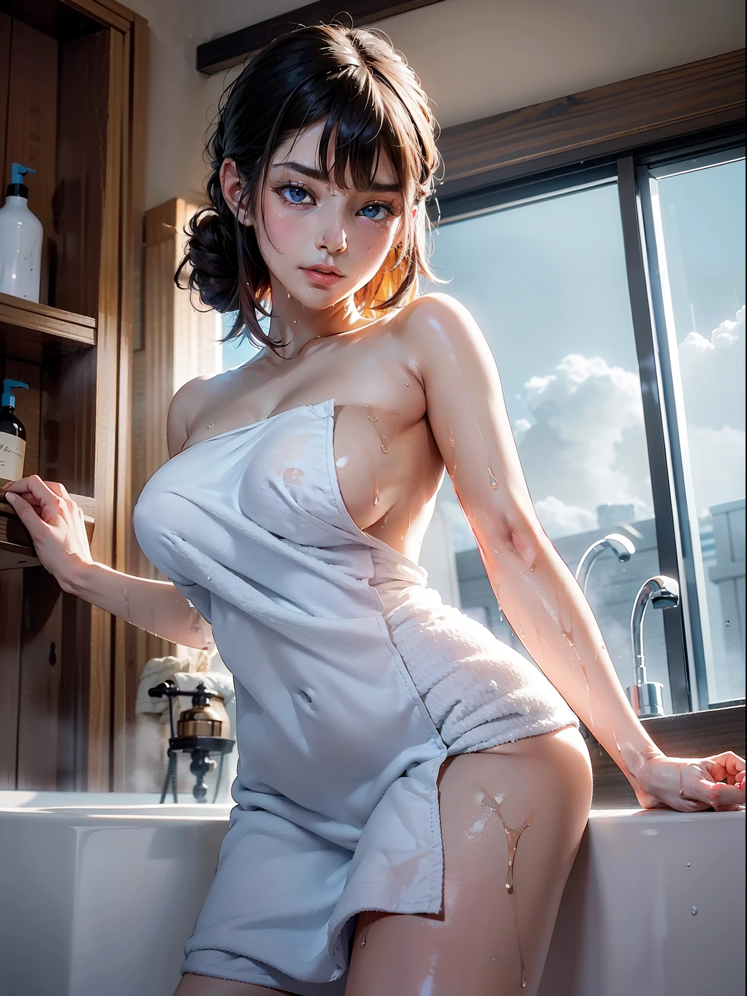 1girll,In the bath,Delicate and beautiful face,Various hairstyles,crisp breasts,Convex buttocks,Wrapped in a soaked bath towel,perfectly proportioned, 浴室,vapour,bathtub,Cinematic lighting, filmgrain, Fujicolor, lightand shade contrast, 8K, 巨作, Textured skin, Super detail, hoog detail, High quality, A high resolution,