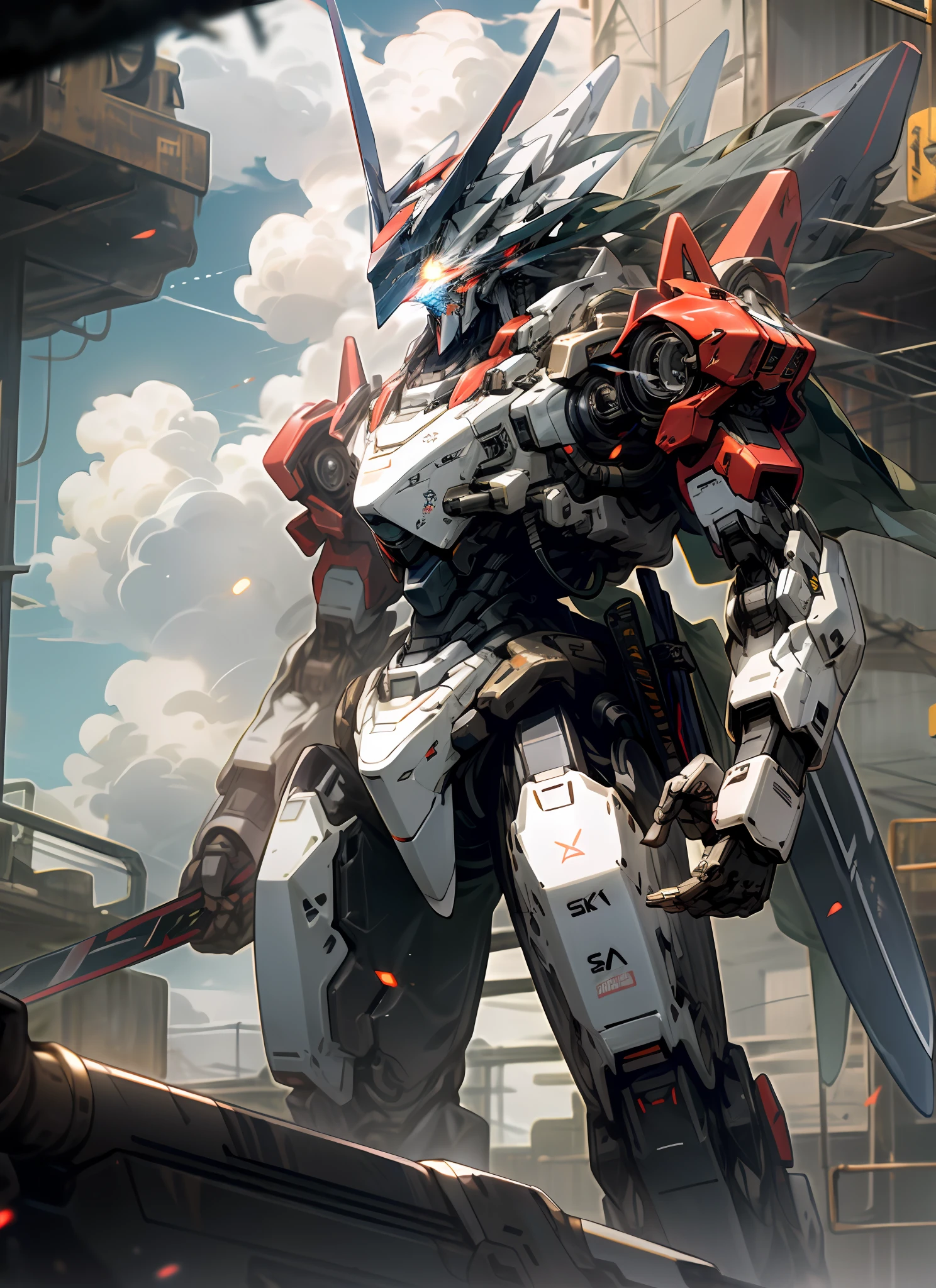 Skysky，​​clouds，holding_weapon，no_humans，with light glowing，，robotical，architectural，glowing_eyes，mecha，scientific fiction，oras，Realistis，mecha，black gold，Long knives，Red light