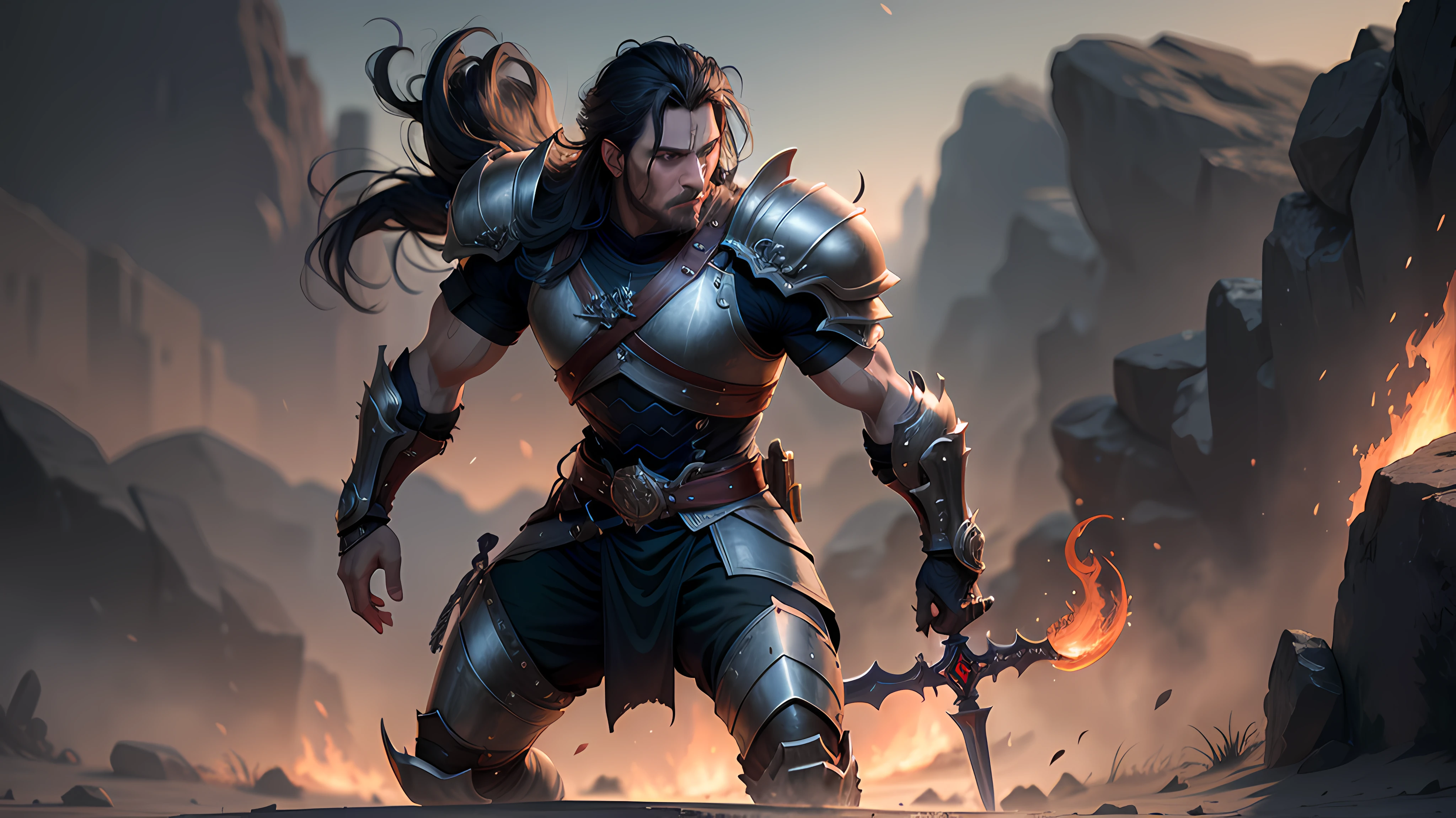 (masterpiece, best quality, ultra-detailed CG 8k wallpaper), tasteful, high textured, Tough, A half-neck warrior, Hold the giant axe in both hands, Family crest, The metal texture of the armor is obvious, Eyes are shining, There is decadence in the calm, Artifact magical powers flew around, Magnificent battlefield, The sky is overcast, Blood and fire are intertwined, Create the most stunning scene in the audience.