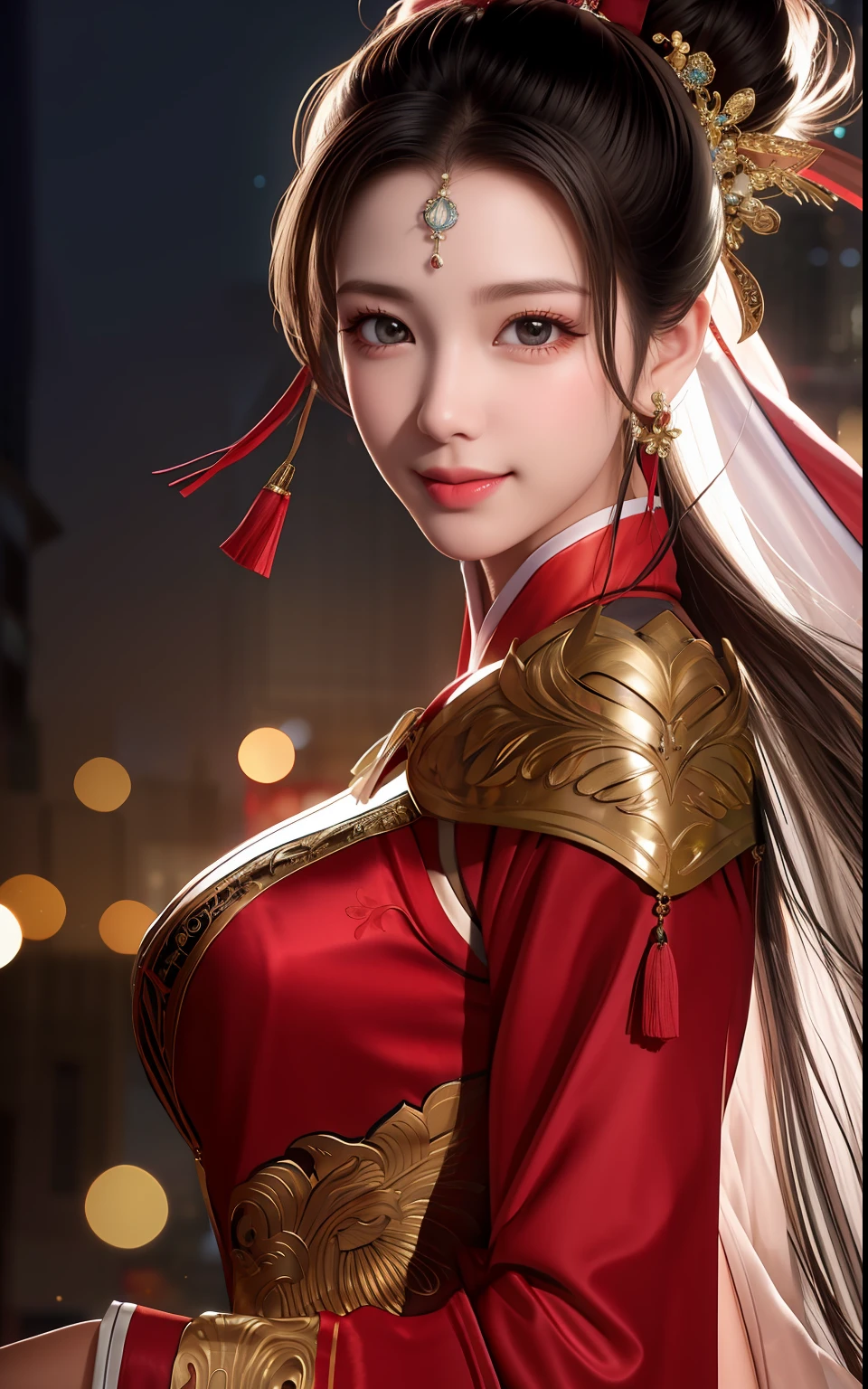 masterpiece, best quality, highres, (photorealistic:1.4), earrings, (depth of field:1.8), beautiful Korean girl, thigh gap, 1 girl, long hair, ponytail, (solo:1.1), red, (slit skirt curtain:1.5),(halter neck t-shirt), shinobi, ninja, bare shoulder, elbow gloves, (looking at viewer:1.2), (smile:1.2), (full body:1.), (in the city:1.5), medium breast, (pureerosface_v1:0.5),