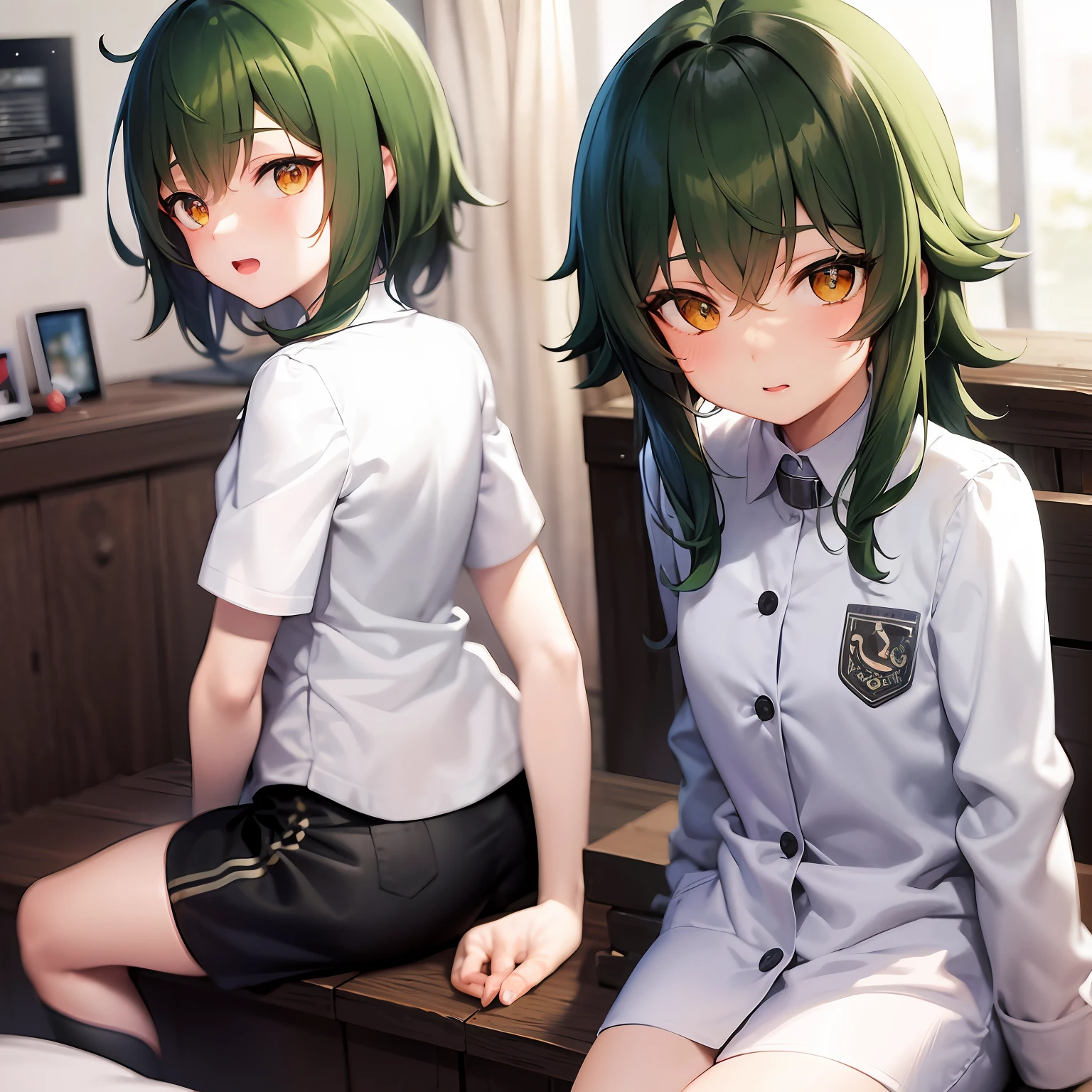 Best quality at best,tmasterpiece,1girl,独奏,maho,dishevled hair,By bangs,Dark green hair,greene eyes,full bodyesbian,labcoat,shortpants,T- shirt,sitted,face to the viewer,sockes,