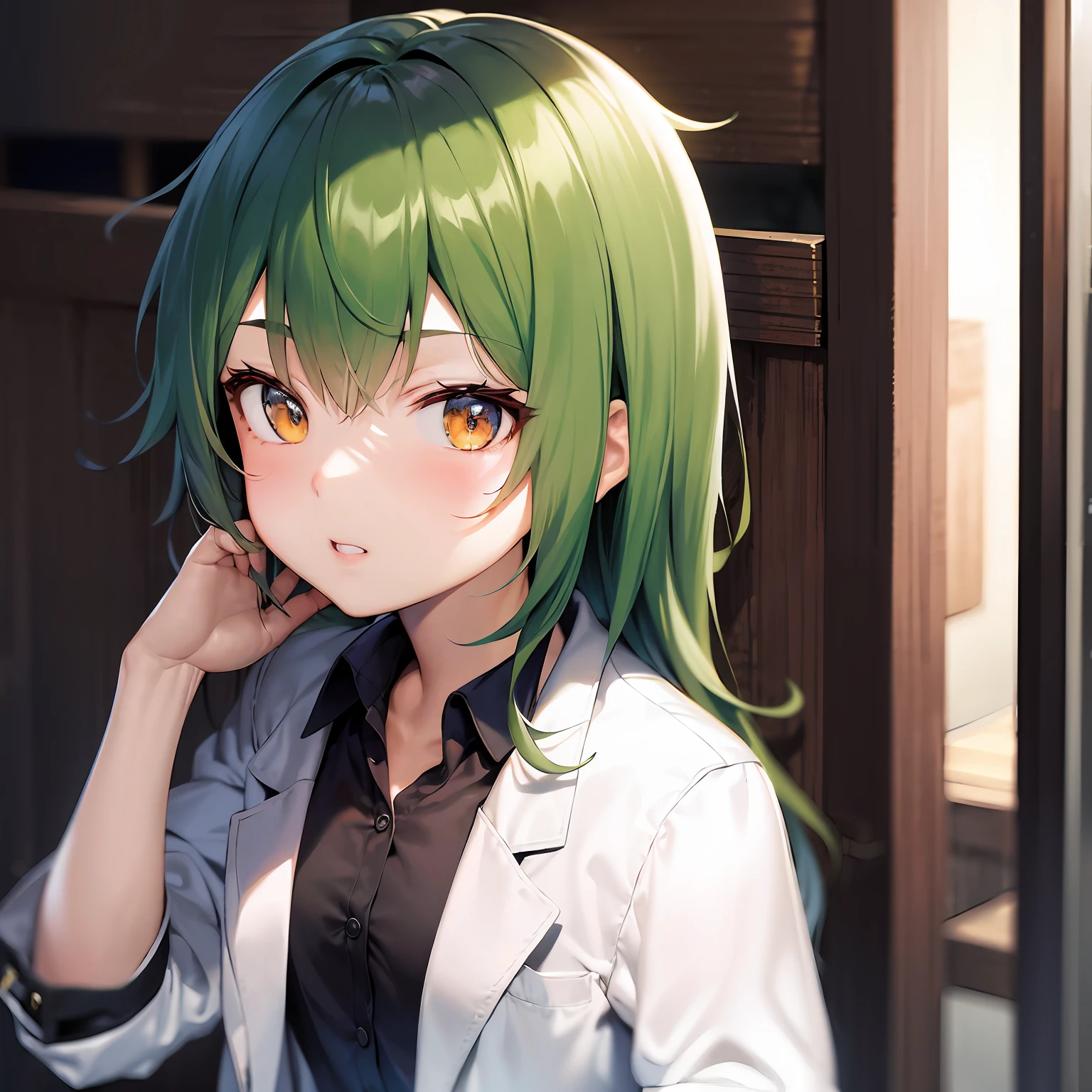 Best quality at best,tmasterpiece,1girl,独奏,maho,dishevled hair,By bangs,Dark green hair,greene eyes,full bodyesbian,labcoat,shortpants,T- shirt,sitted,face to the viewer,sockes,