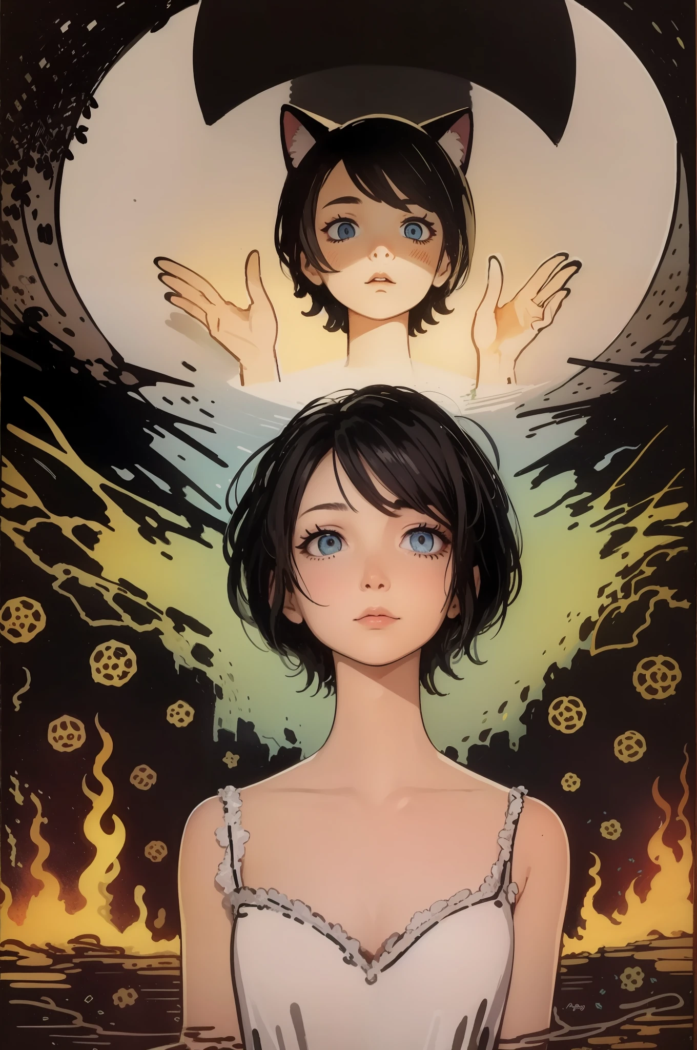 Best quality, tmasterpiece, A dark-haired, blue Cat eyes, head looking up, Upper body body,ink and watercolor painting,There was a fire burning all around