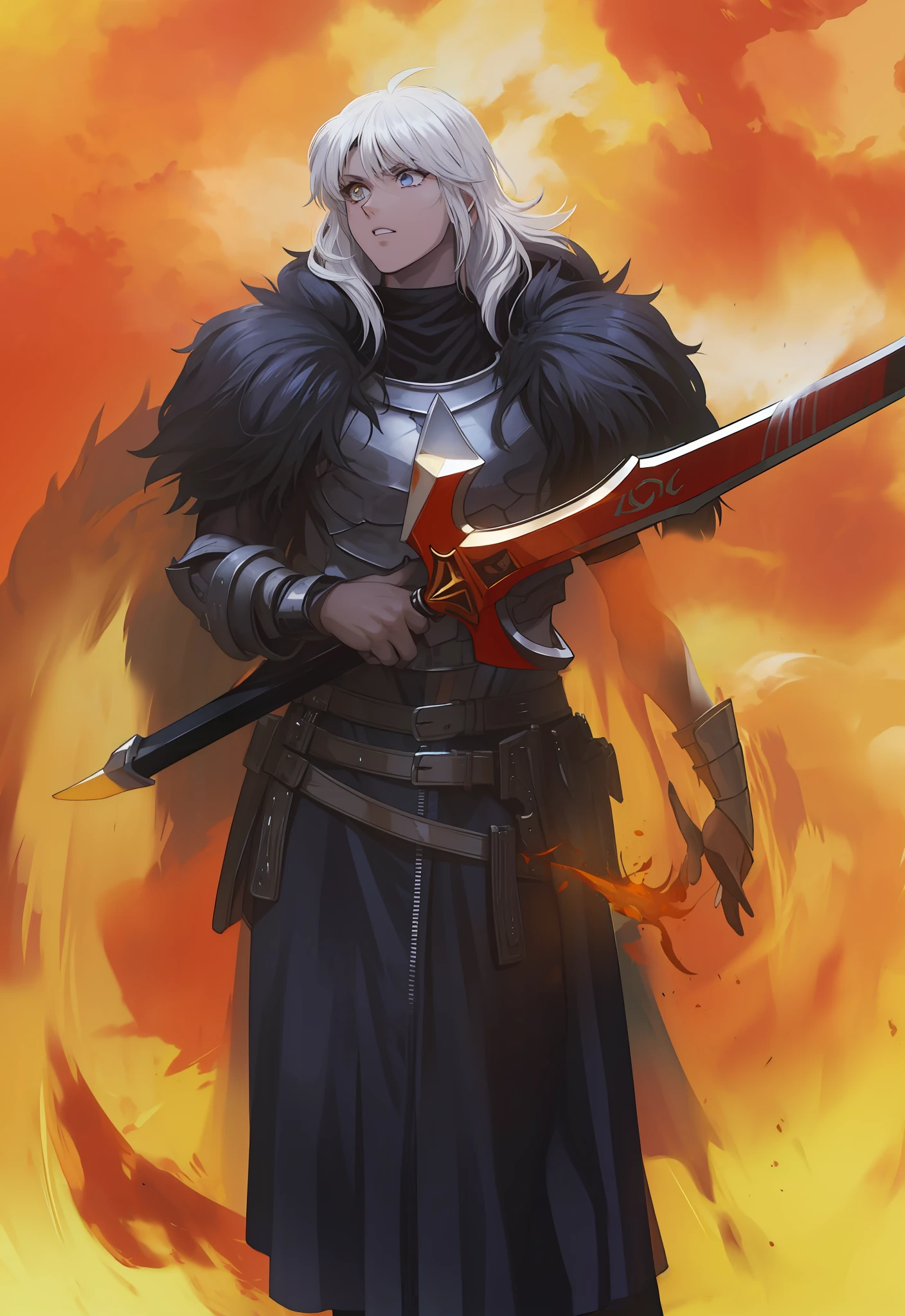 Masculino, pele negra, olhos amarelo,4k,no meio do fogo, Dark kingth armor Full body, Dark fantasy, segurando uma espada,tons de calor
