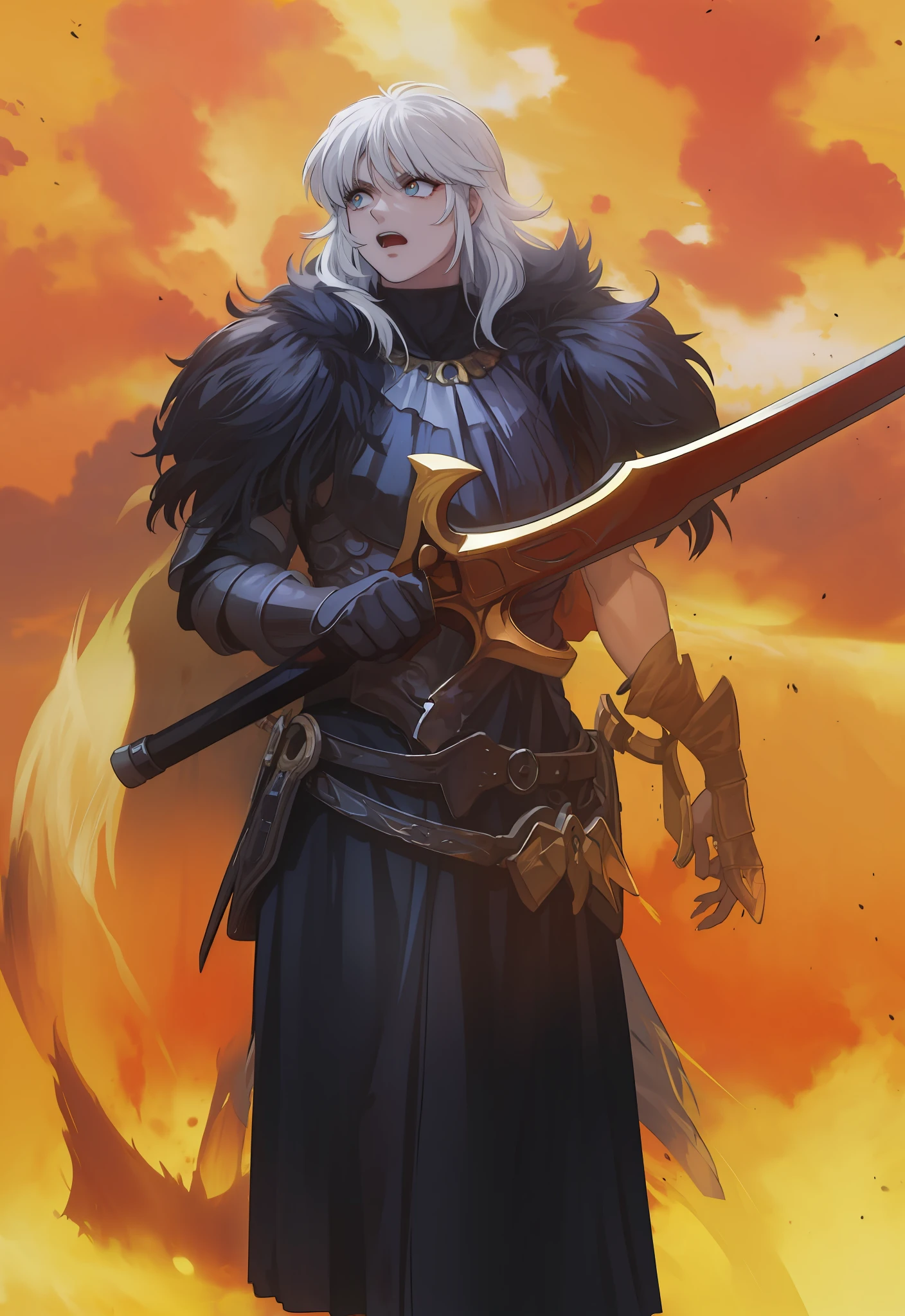 Masculino, pele negra, olhos amarelo,4k,no meio do fogo, Dark kingth armor Full body, Dark fantasy, segurando uma espada,tons de calor