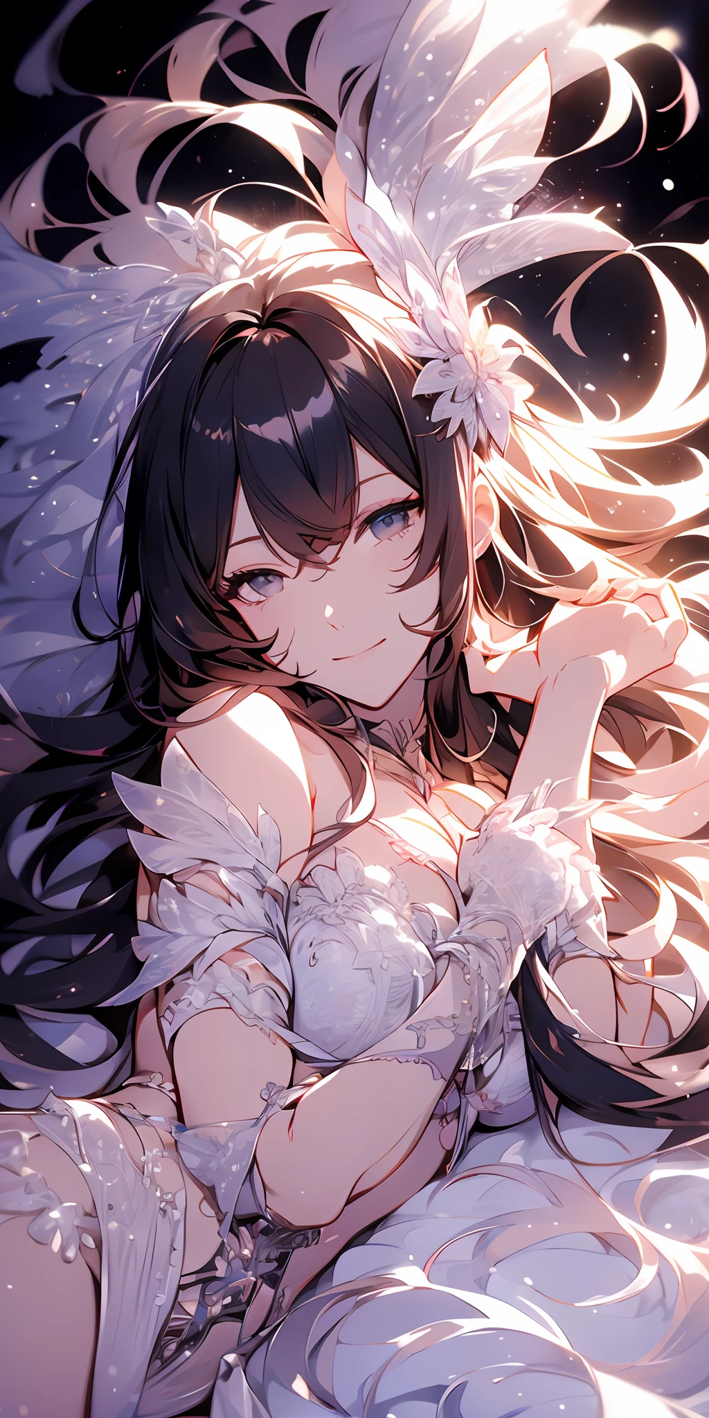 Perfect anime illustration, Kizi,cabelos preto e longos, (Matching styling hazel eyes,ssmile,nakeness,lay on bed), matching hairstyle, white backgrounid, A high resolution, full bodyesbian, lewd poses