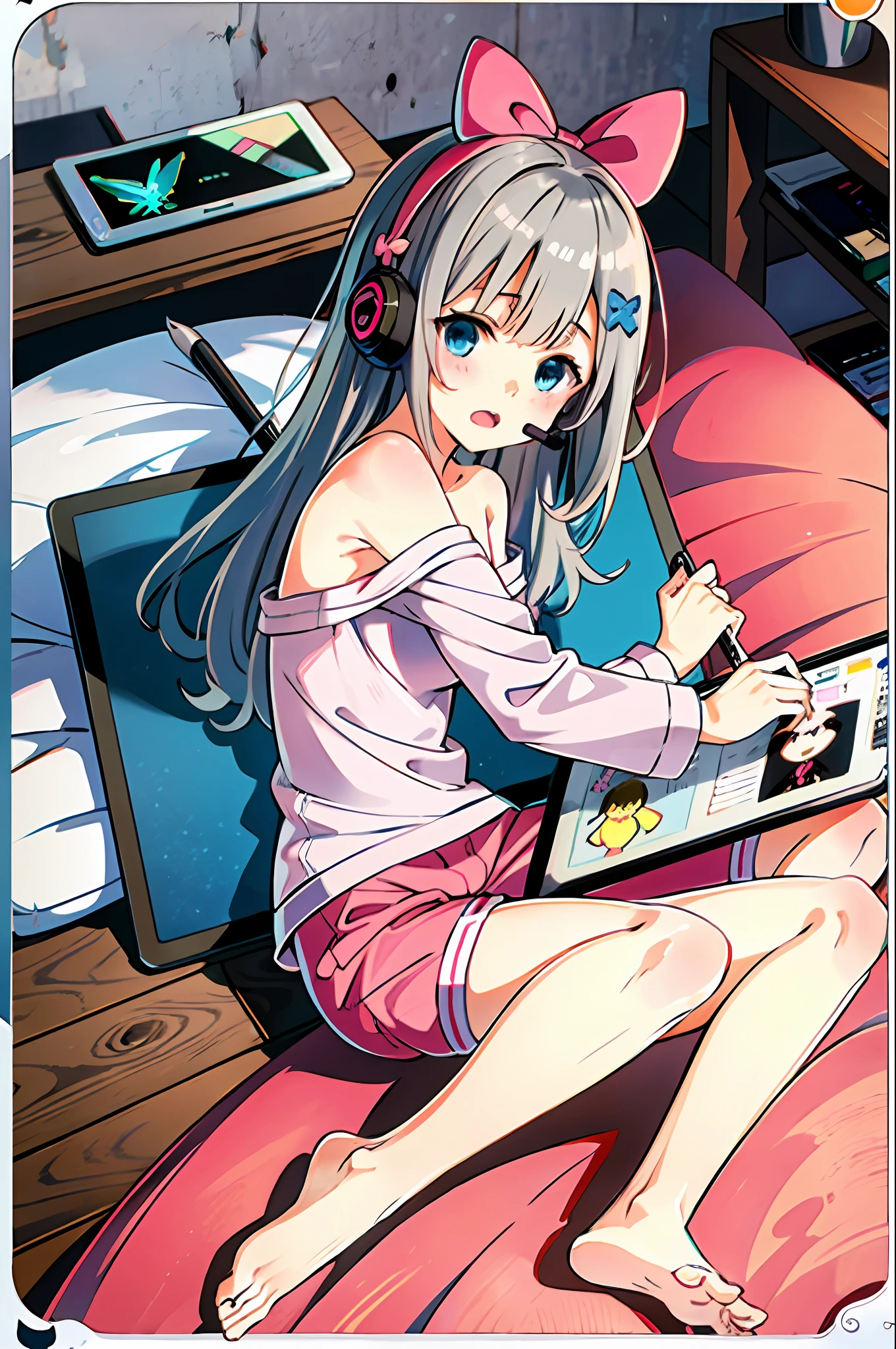 masterpiece, best quality,1girl, izumi sagiri, solo, long hair, bow, pink bow, pajamas, barefoot, stylus, hair bow, looking at viewer, grey hair, open mouth, lying, headset, drawing tablet, blush, blue eyes, on side, thighs, bangs, pink shorts, holding, bare legs, shorts, off shoulder