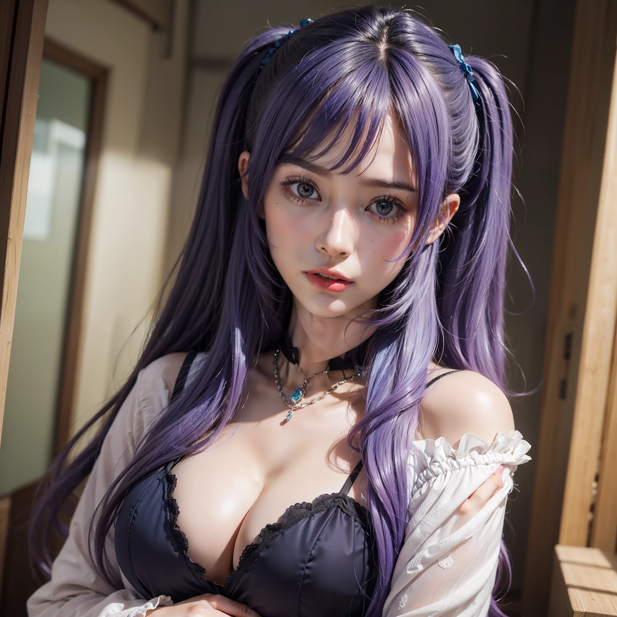 Colorful hair（Purple and blue gradient）、short twintails、beautfull woman、Eyes that seem to be sucked in、Official art、​masterpiece、Extremely delicate modeling、beste-Qualit、Hphotorealistic、8k picture、hiquality、large full breasts、Princess、s Pajamas、In face、