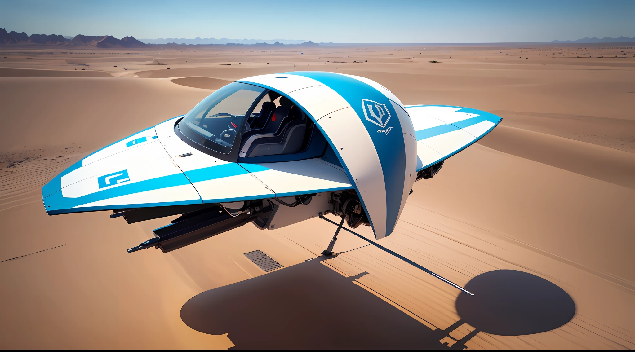 Futuristic glider vehicle that has no wheels that floats on the ground crossing the desert less than three meters above the ground of blue and white color with several windows seen from above