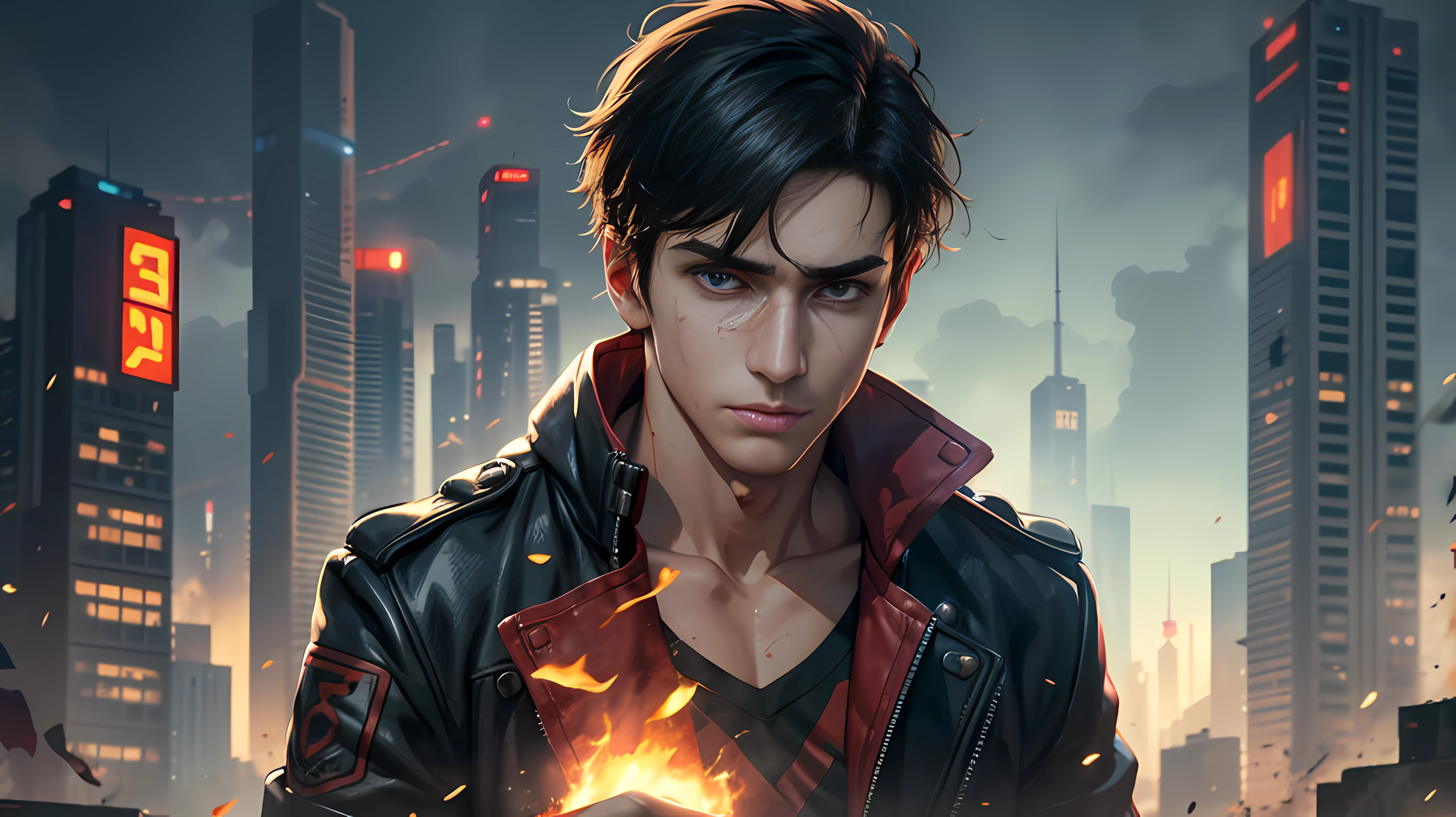 One of the evil forces of the New Human Project，It was actually the power that defeated his family，The picture is on a black background，The boy's eyes were full of anger，The light of the knife cuts through the darkness，Red blood stains soaked the audience，The sense of destruction exploded。