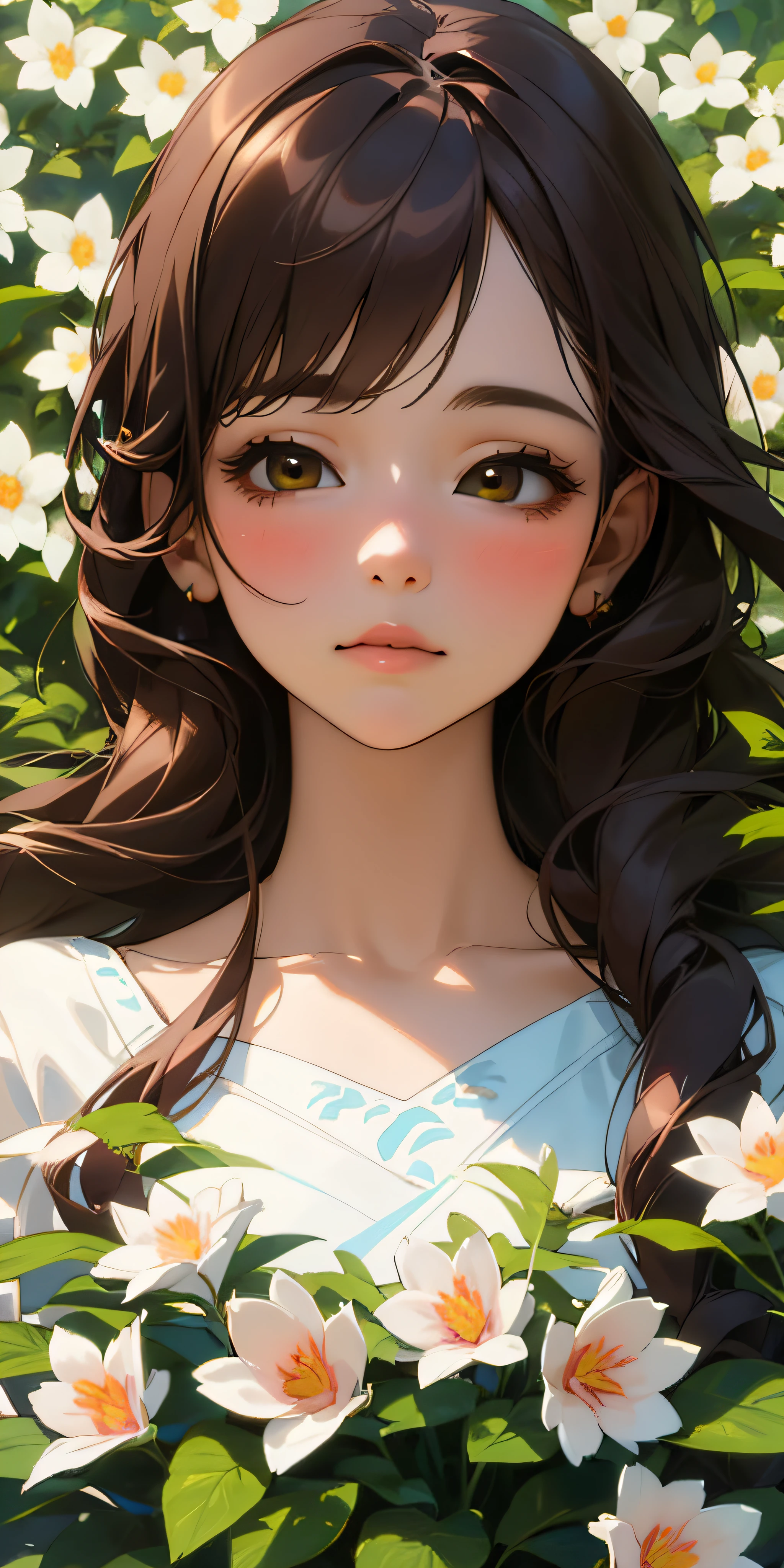 (best quality, masterpiece, ultra-realistic), portrait of 1 beautiful and delicate girl, with a soft and peaceful expression, the background scenery is a garden with flowering bushes and butterflies flying around.