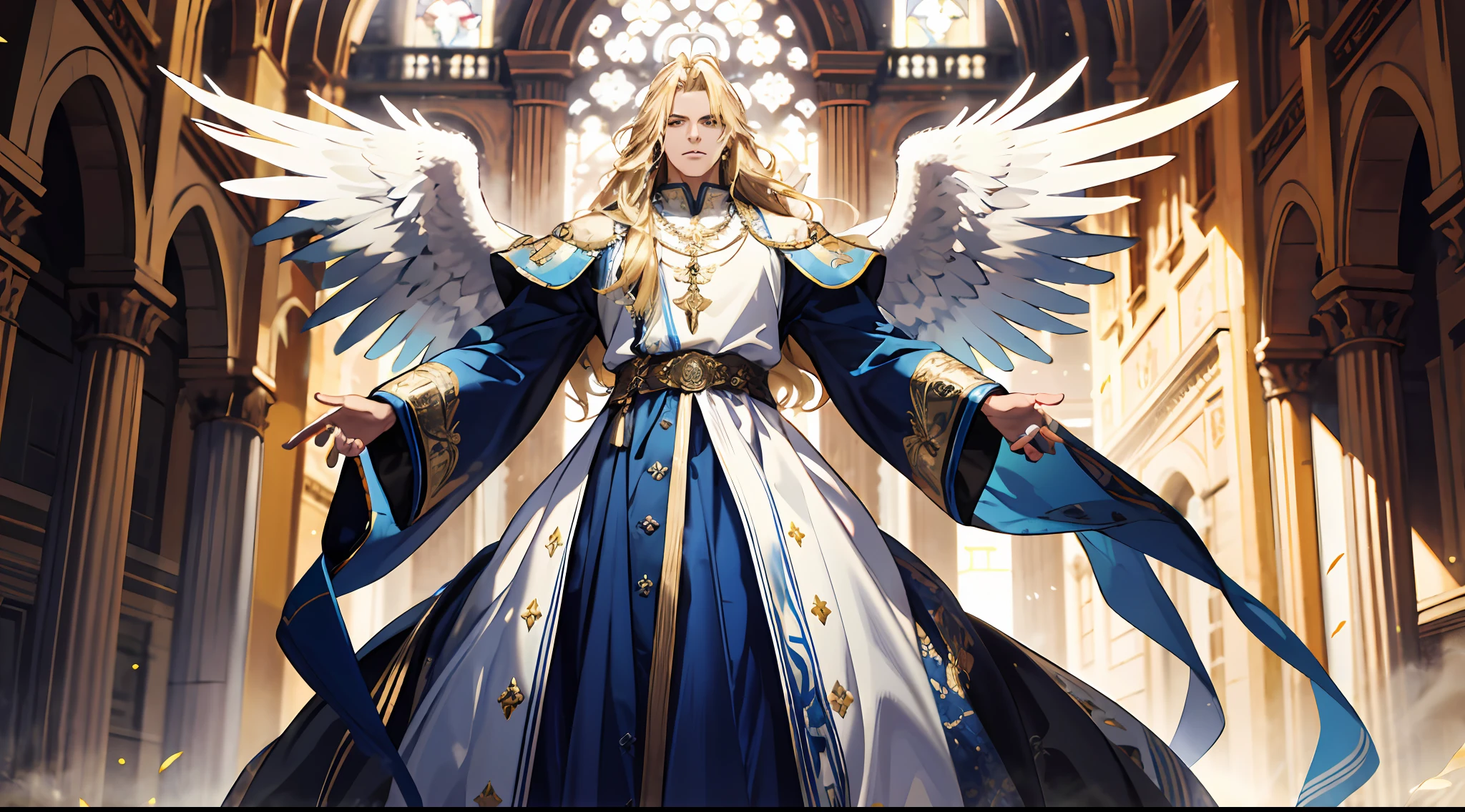 （absurderes，A high resolution）16k，（1 male），Middle-aged，With long blonde hair，（Dress in blue and white），Golden decoration，（large tall），3 pairs of huge wings，Wide arms，Background medieval town，Powerful，Majestic，Intense luster，Dress in white and gold，Beautifully dressed，streamer，