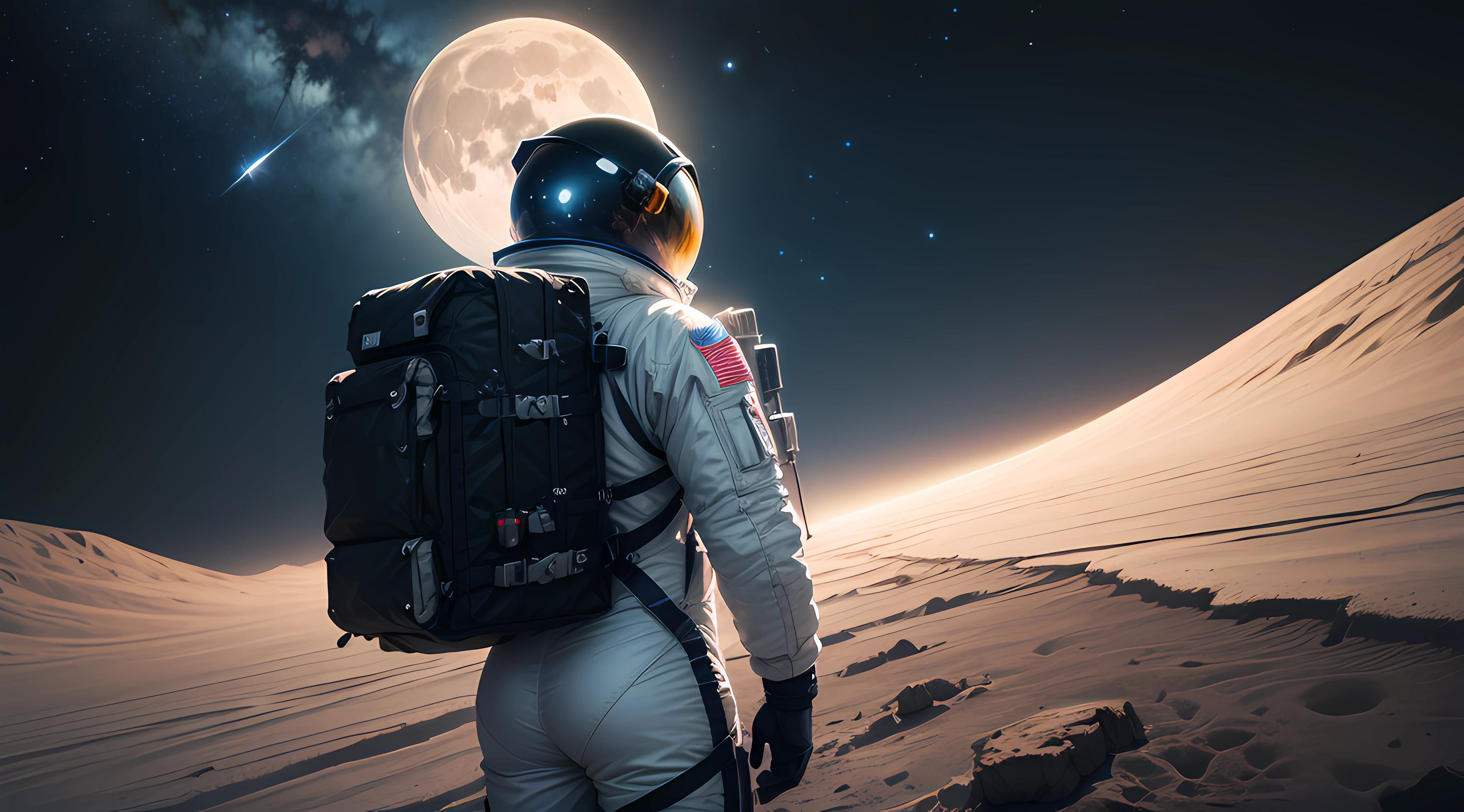 (masterpiece), best quality, ultra-detailed, extremely detailed CG unity 8k wallpaper, high resolution, dynamic pose, intricate details, (1man), wearing spacesuit, standing on the surface of the moon, staring at the distant horizon, stars twinkle in the background, foreboding and mysterious atmosphere, blue tinted shadows emphasizing the loneliness and danger of space exploration.