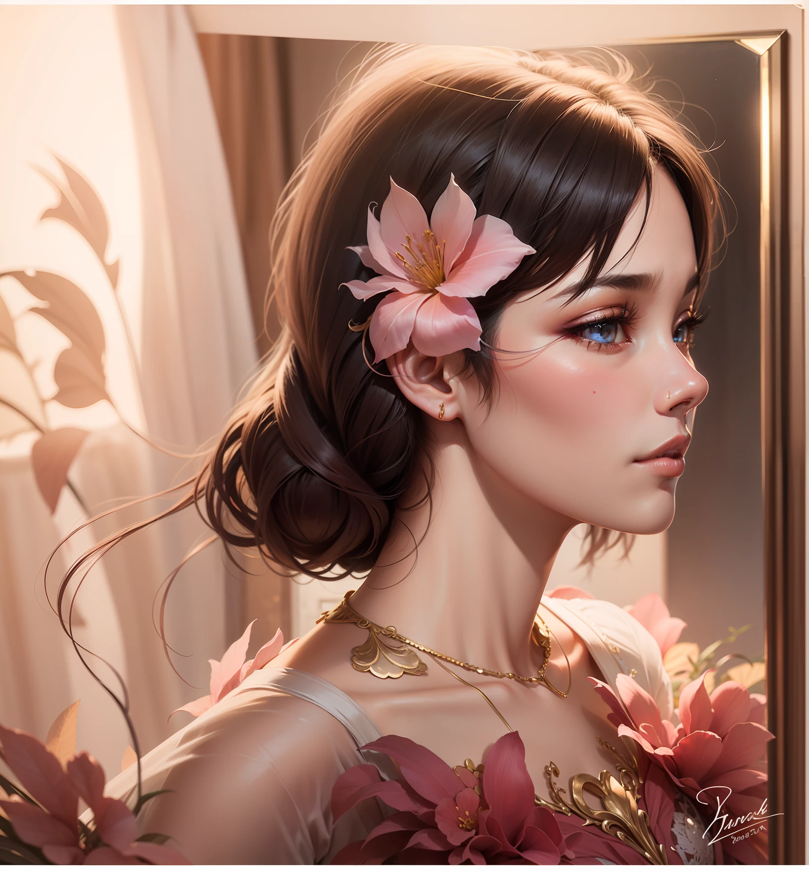 portrait of a young Asian 28-year-old girl, beautiful face, excellent detailed makeup, beautiful goddess-like eyes, no flaws in detail, highly detailed skin, mirror) beautiful face like an angel, light pink evening dress style, professional photos, true light, movie light, --auto