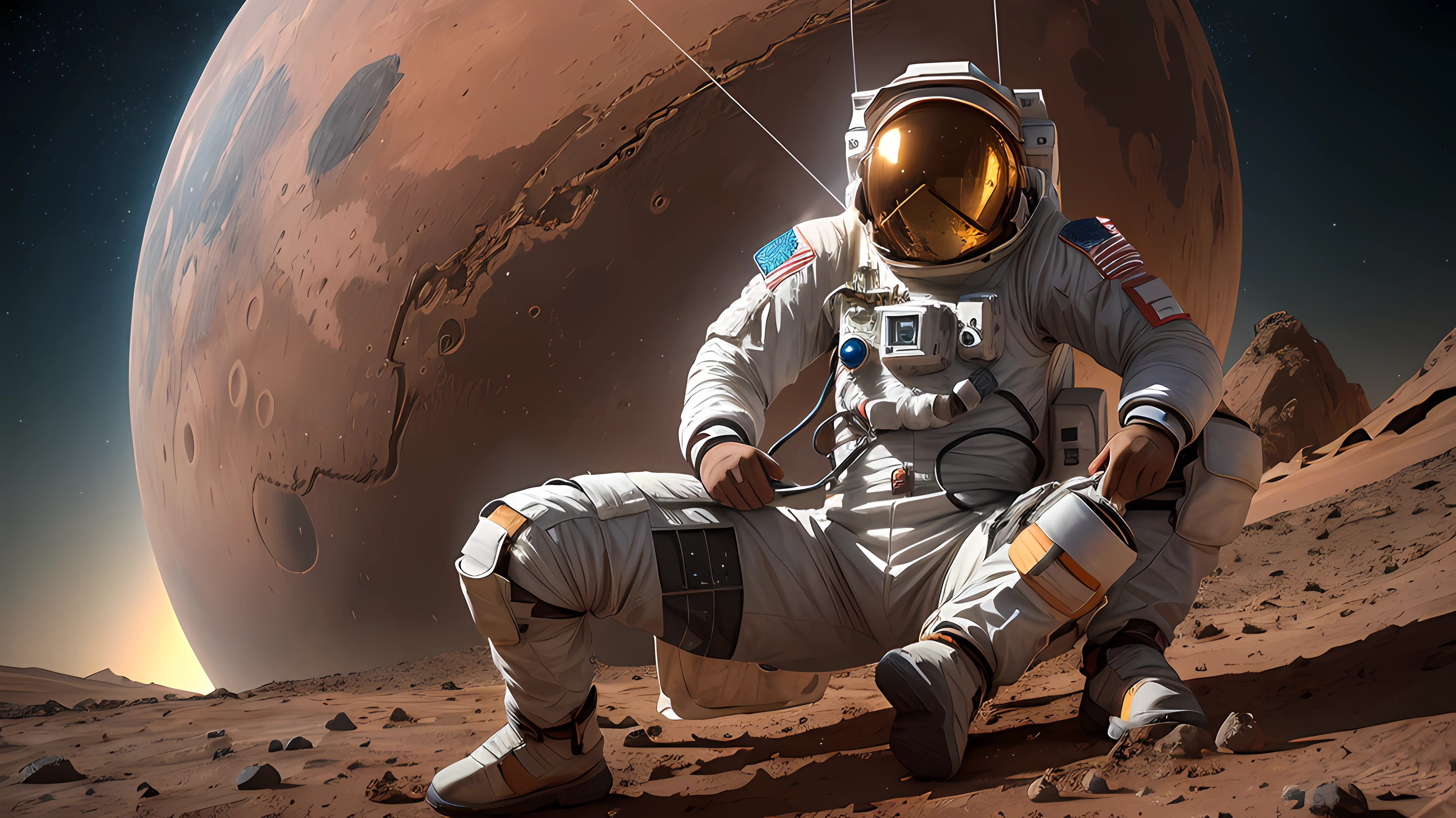 (masterpiece), best quality, ultra-detailed, extremely detailed CG unity 8k wallpaper, high resolution, dynamic pose, intricate details, (1man), wearing spacesuit, standing on the surface of the moon, staring at the distant horizon, stars twinkle in the background, foreboding and mysterious atmosphere, blue tinted shadows emphasizing the loneliness and danger of space exploration.