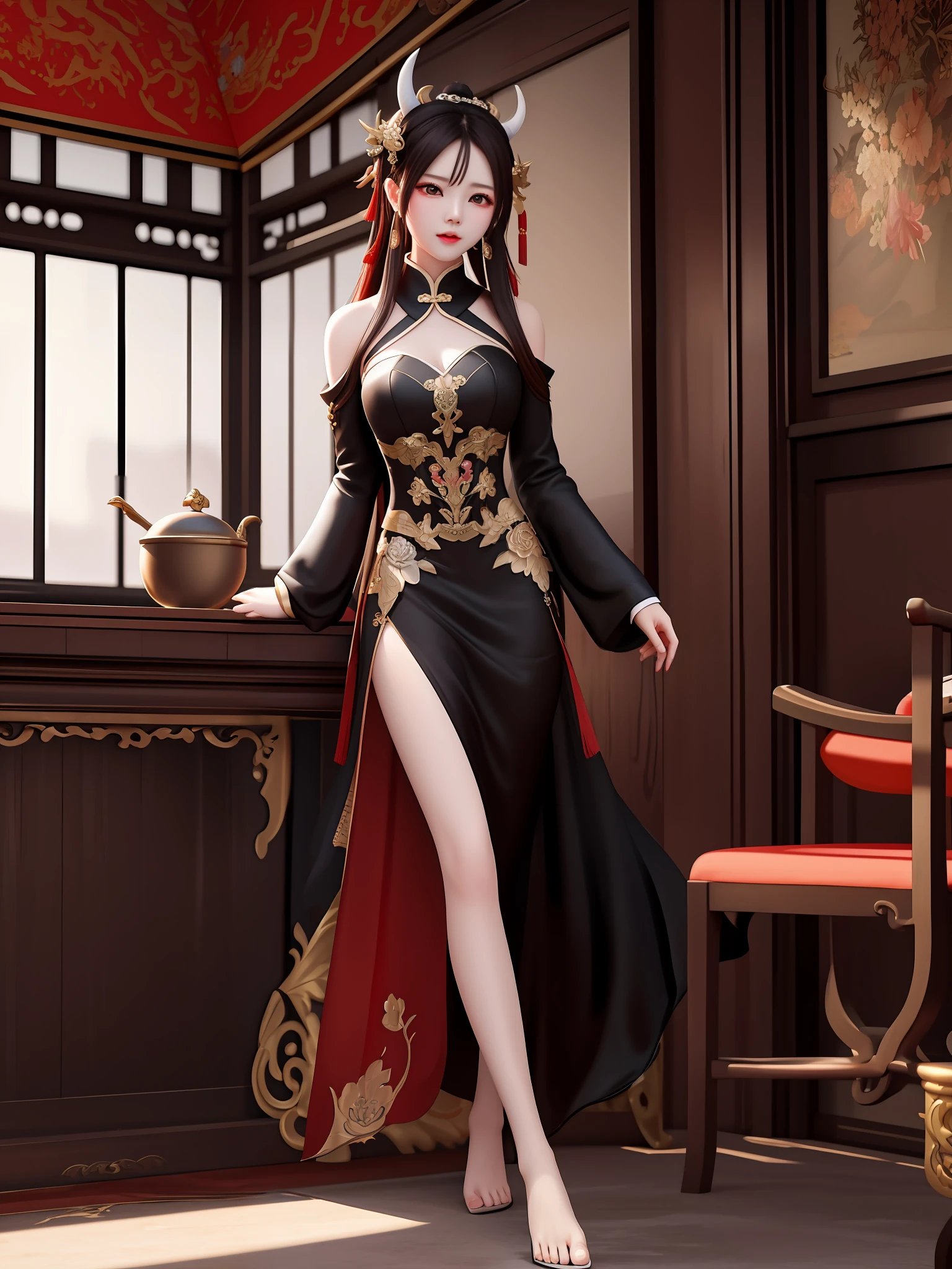 China cultivates the world,Fantasy wind,Sick women,Proud,On the high horse,Contempt for everything,Demon Dao disciple,Dressed in black,Bare feet,holding chin in hand,lovly,beatifull,oral sexy