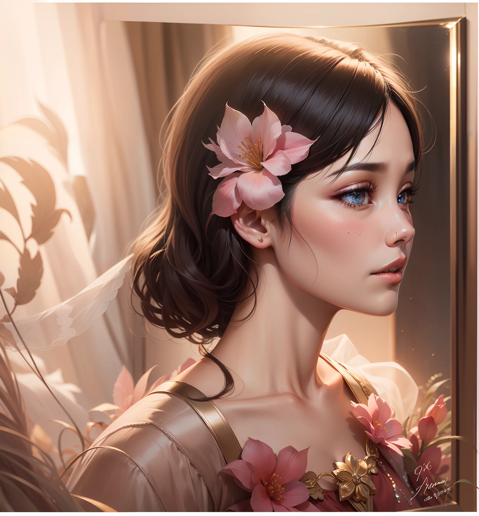 portrait of a young Asian 28-year-old girl, beautiful face, excellent detailed makeup, beautiful goddess-like eyes, no flaws in detail, highly detailed skin, mirror) beautiful face like an angel, light pink evening dress style, professional photos, true light, movie light, --auto