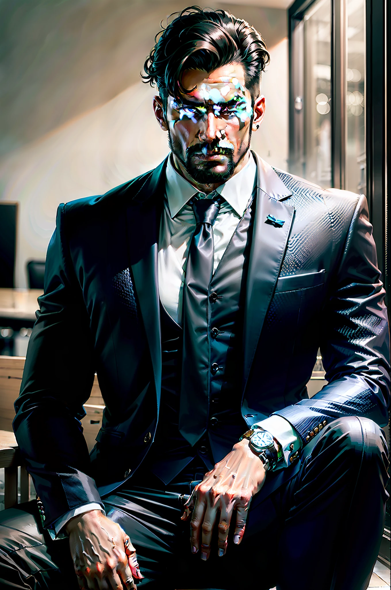 Arafed man wearing suit and tie sitting in front of a square, Macho bonito, bonito impressionante realista, macho atraente, strong masculine features, homem muito atraente com barba, homem bonito, homem atraente, personagem masculino, pintura digital realista, bonito rosto atraente, bonito e atraente, estilo hiper realista, modelo masculino, um homem bonito,cabelo curto preto, rosto e corpo atraentes